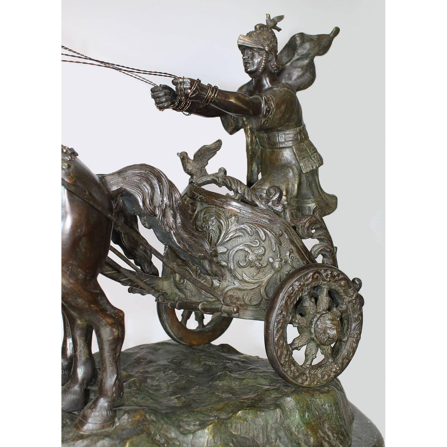 XIXe siècle Groupe de sculptures italiennes en bronze du 19ème siècle représentant un char et un cavalier romain à deux chevaux en vente