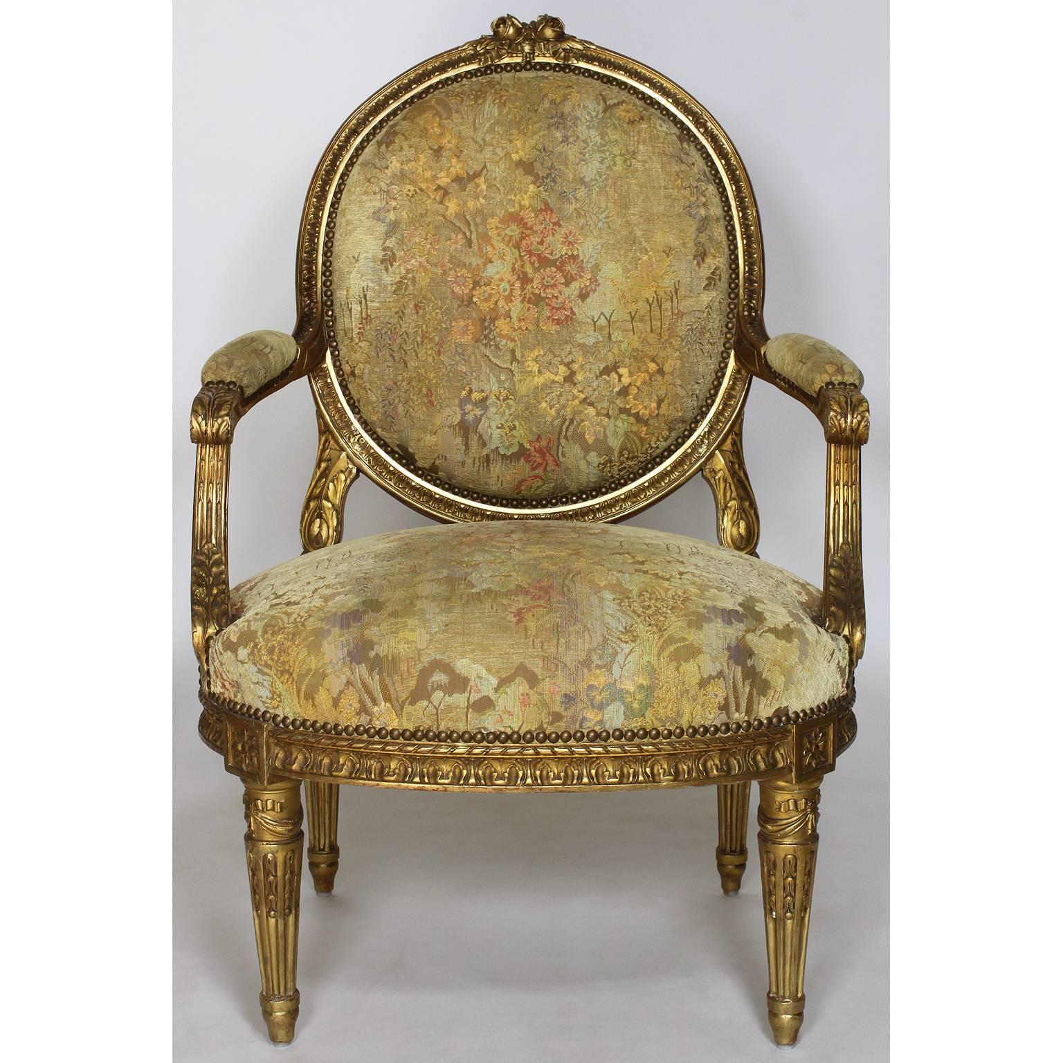 Fine French 19th Century Louis XVI Style Giltwood Carved Five-Piece Salon Suite In Good Condition In Los Angeles, CA