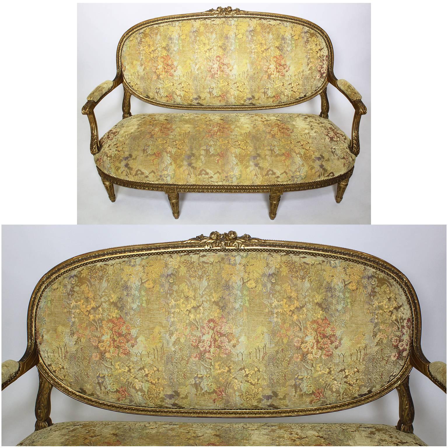 Fine French 19th Century Louis XVI Style Giltwood Carved Five-Piece Salon Suite 4