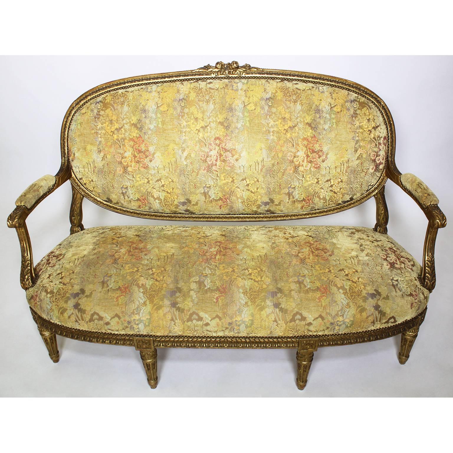 Fabric Fine French 19th Century Louis XVI Style Giltwood Carved Five-Piece Salon Suite