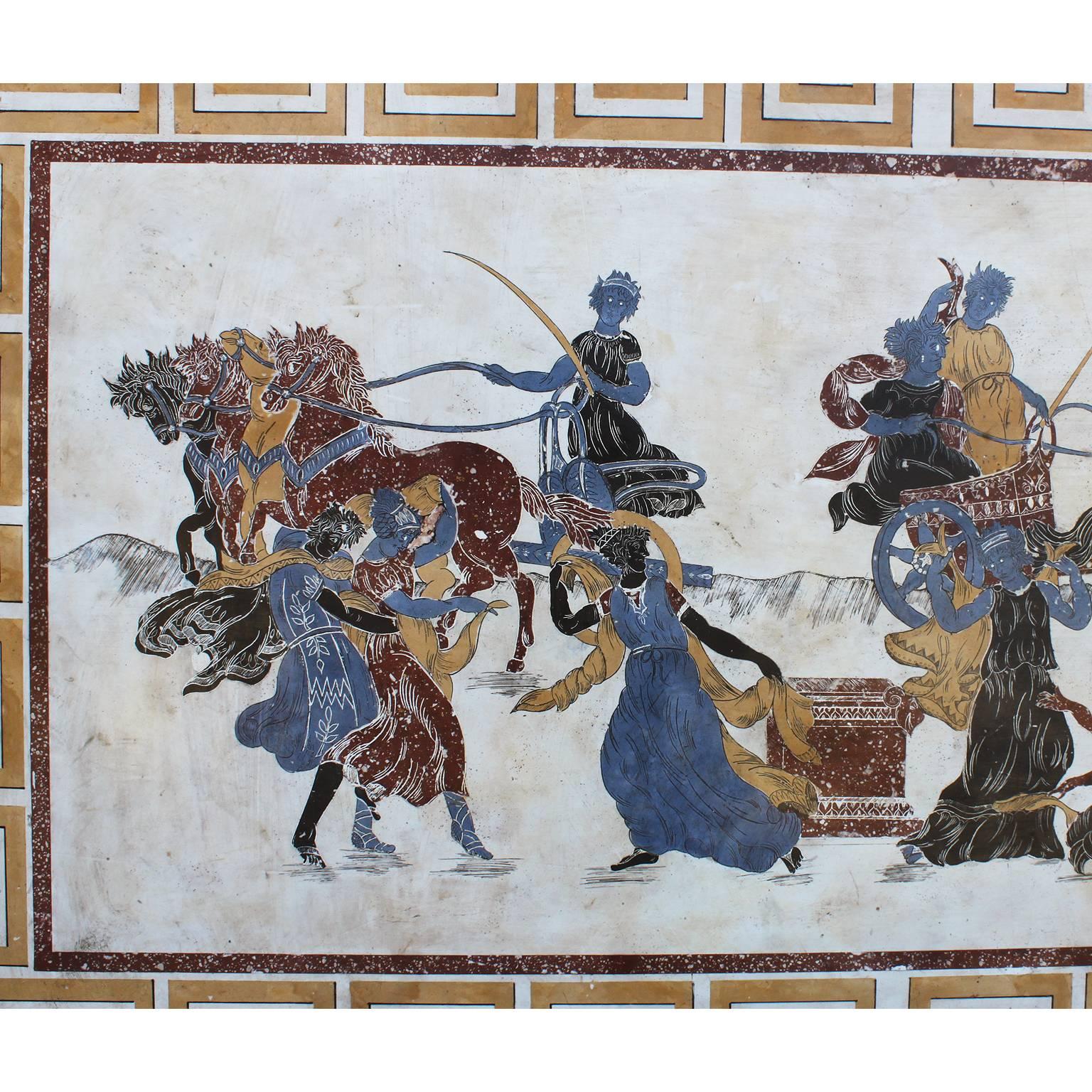 A large Italian 19th-20th century neoclassical and Greco-Roman style architectural Scagliola wall plaque depicting chariots, horses, allegorical maidens and gods, inlaid and painted in Imperial porphyry, sienna and other colorful stones and