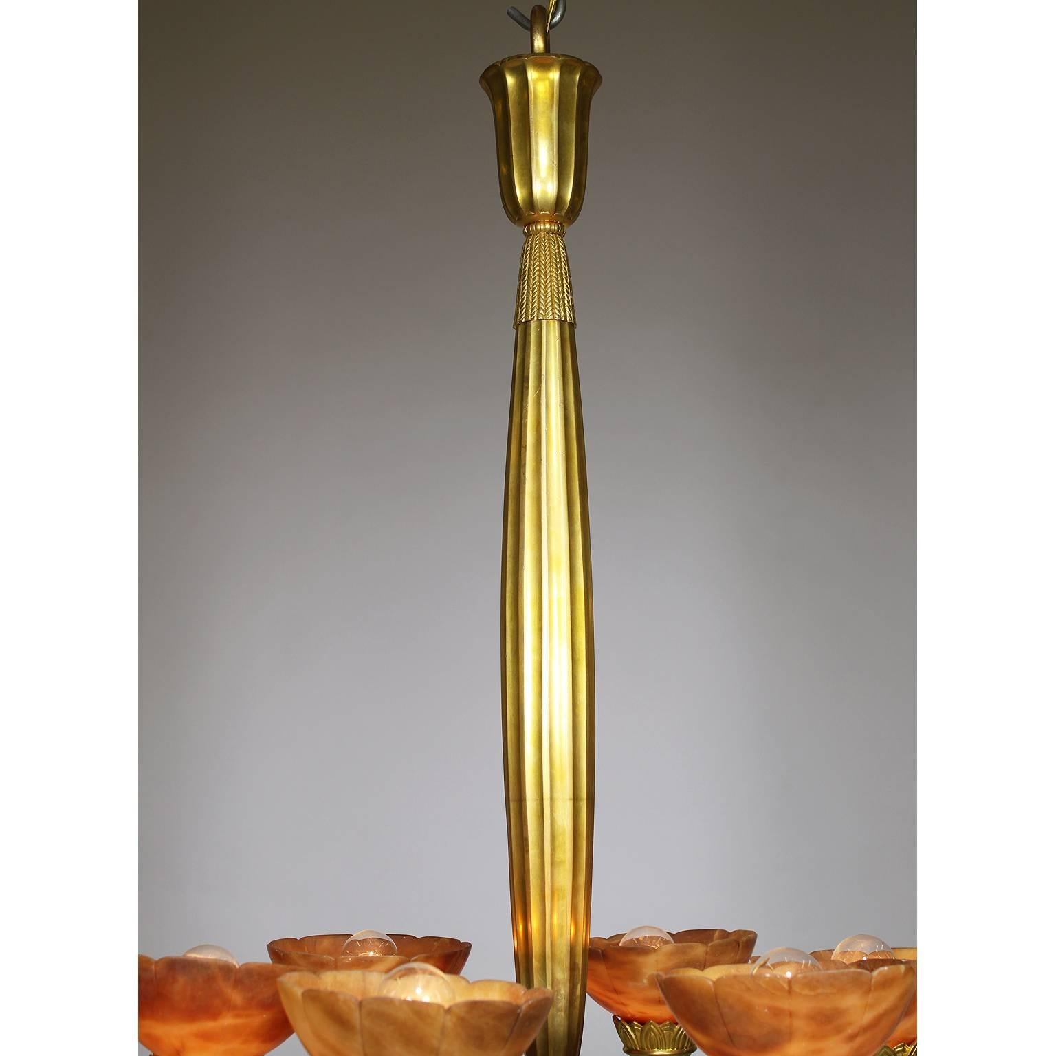 Early 20th Century Rare French Art-Deco Gilt Bronze and Amber Alabaster Six-Light Chandelier For Sale