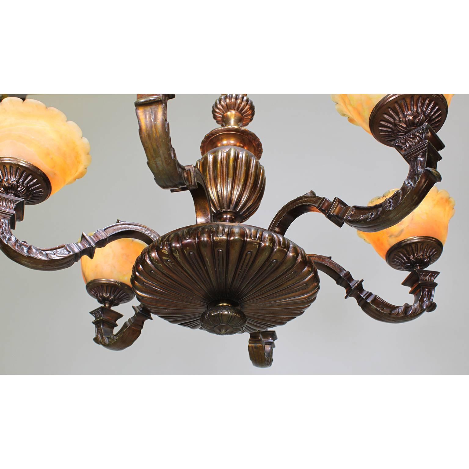 Carved Rare French Art-Deco Patinated Bronze and Amber Alabaster Six-Light Chandelier For Sale