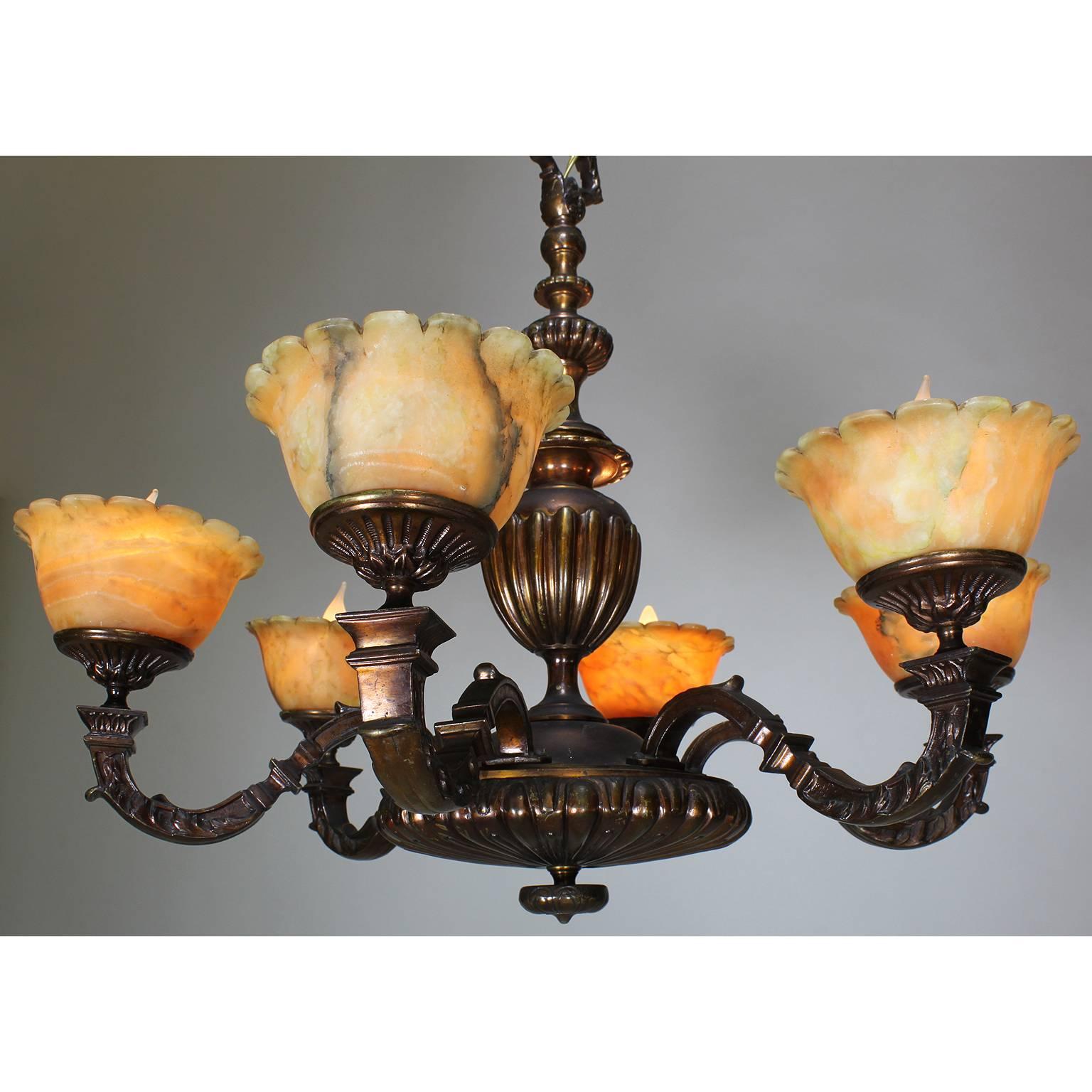 Art Deco Rare French Art-Deco Patinated Bronze and Amber Alabaster Six-Light Chandelier For Sale