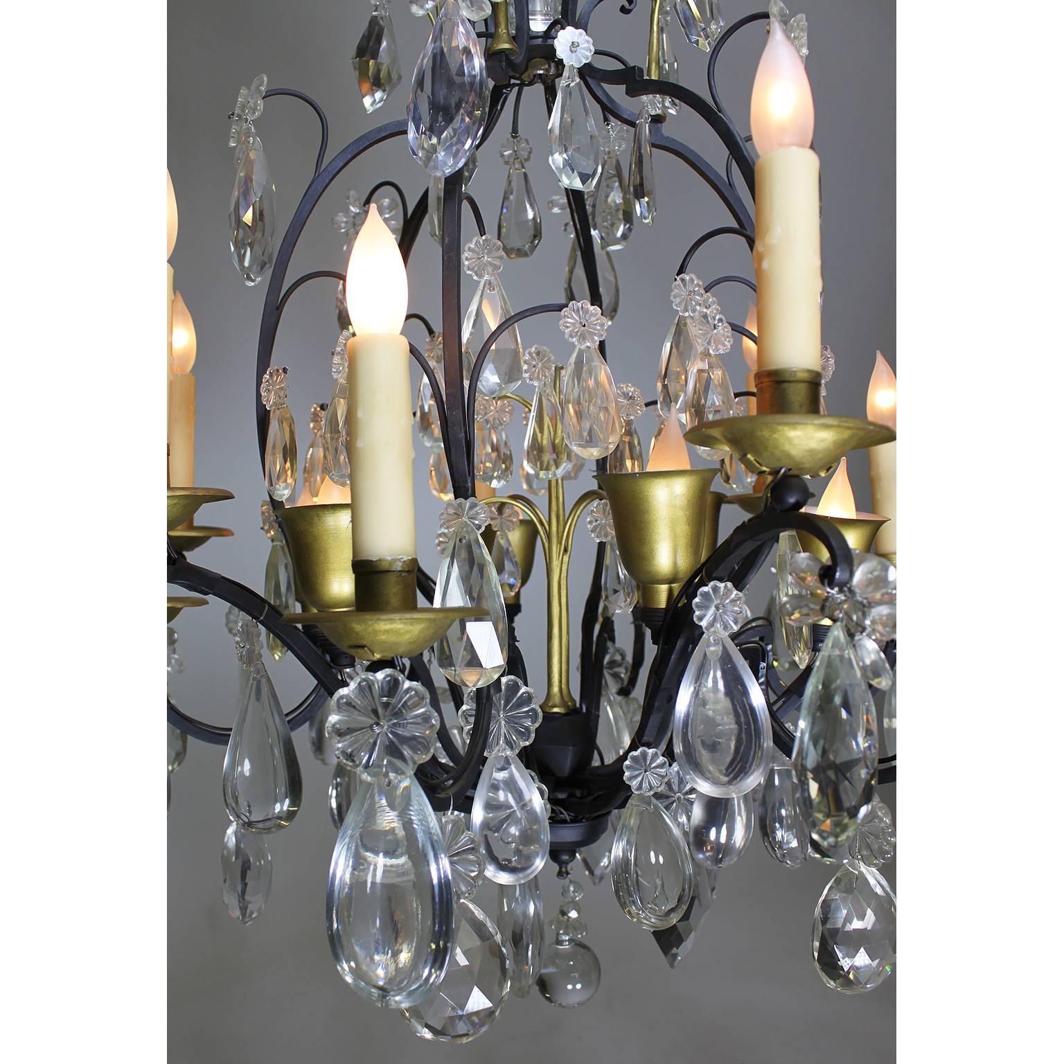 19th-20th Century Louis XV Style Wrought Iron Eighteen-Light Crystal Chandelier In Good Condition For Sale In Los Angeles, CA