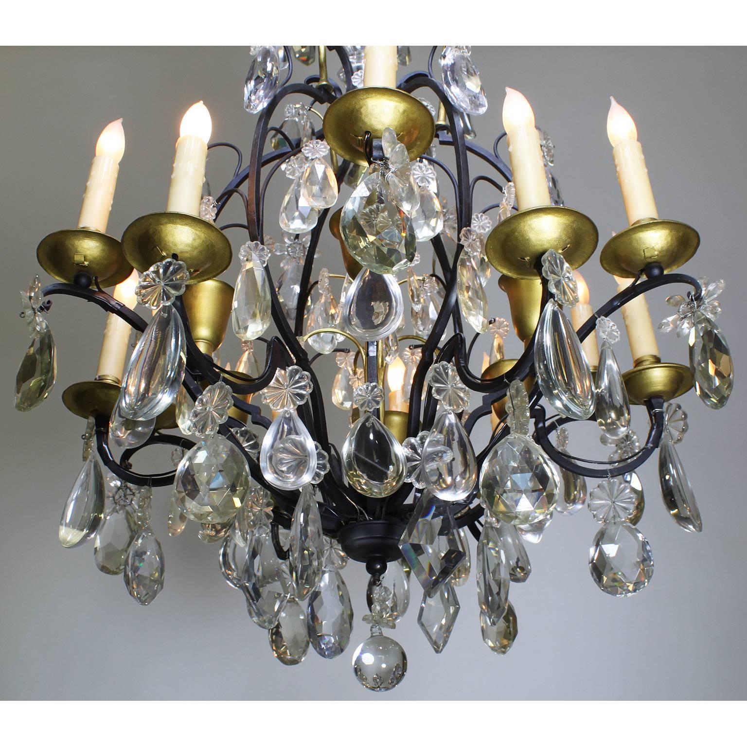 Early 20th Century 19th-20th Century Louis XV Style Wrought Iron Eighteen-Light Crystal Chandelier For Sale