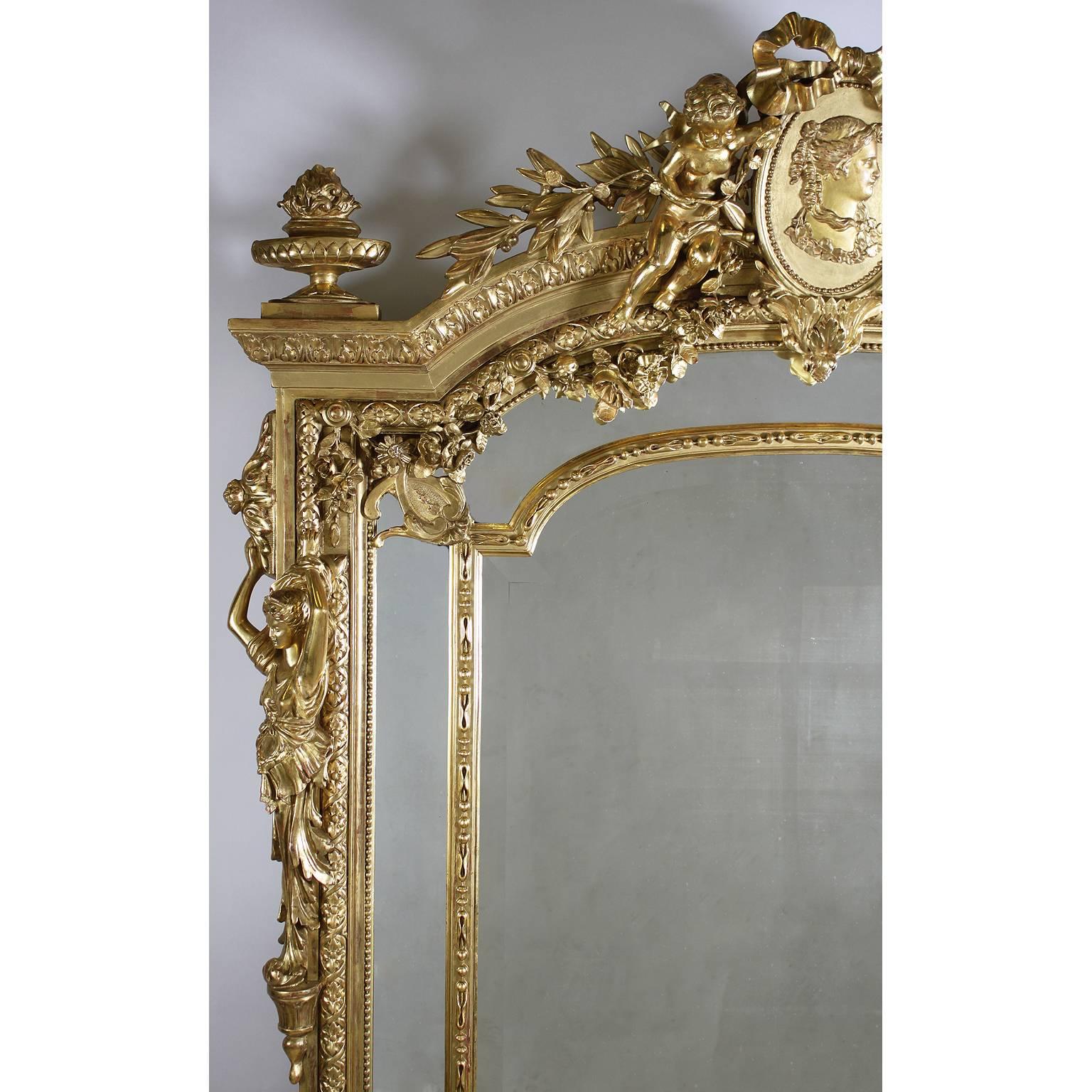 Beveled French, 19th Century Louis XV Style Giltwood Carved and Gesso Figural Mirror