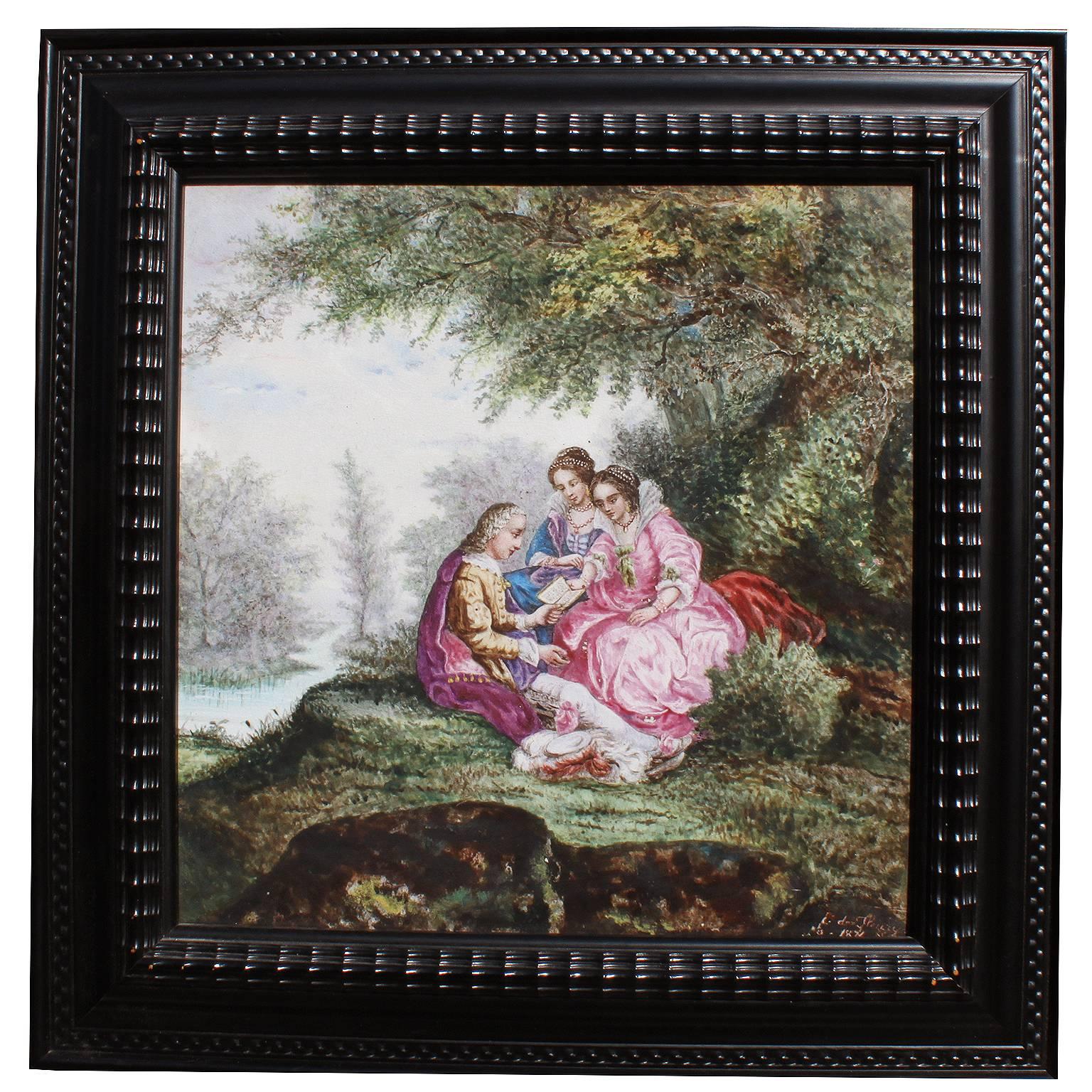Continental 19th Century Enameled Decorated Porcelain Painted Plaque "Courting" For Sale