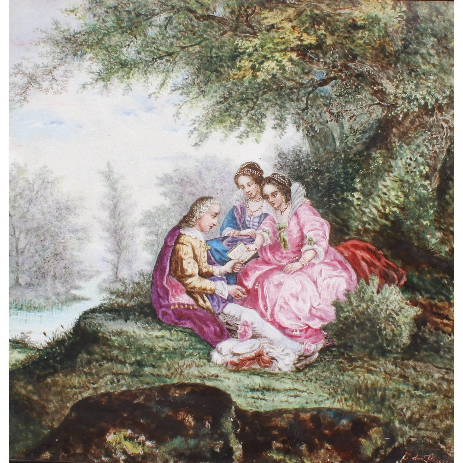 A fine continental 19th century enameled decorated porcelain plaque depicting a garden courting scene of a gentleman reading to poems to two young ladies, within an ebonized wood frame. Signed E. de Fleury, 1874 (l/r). Probably French, circa