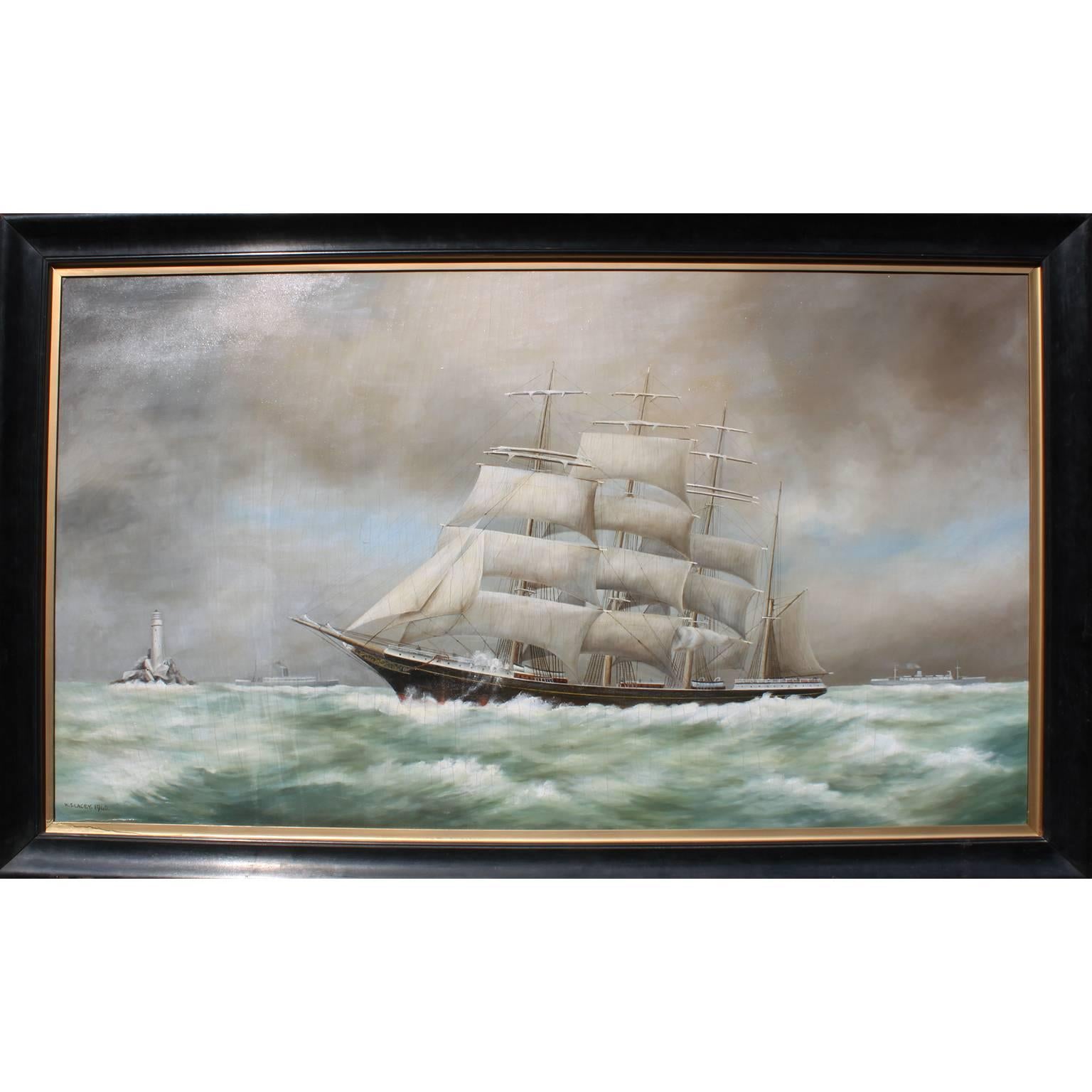 W.S. Lacey 'Britisch, 19.-20. Jahrhundert' Öl auf Leinwand "Großes Schiff unter Segel"