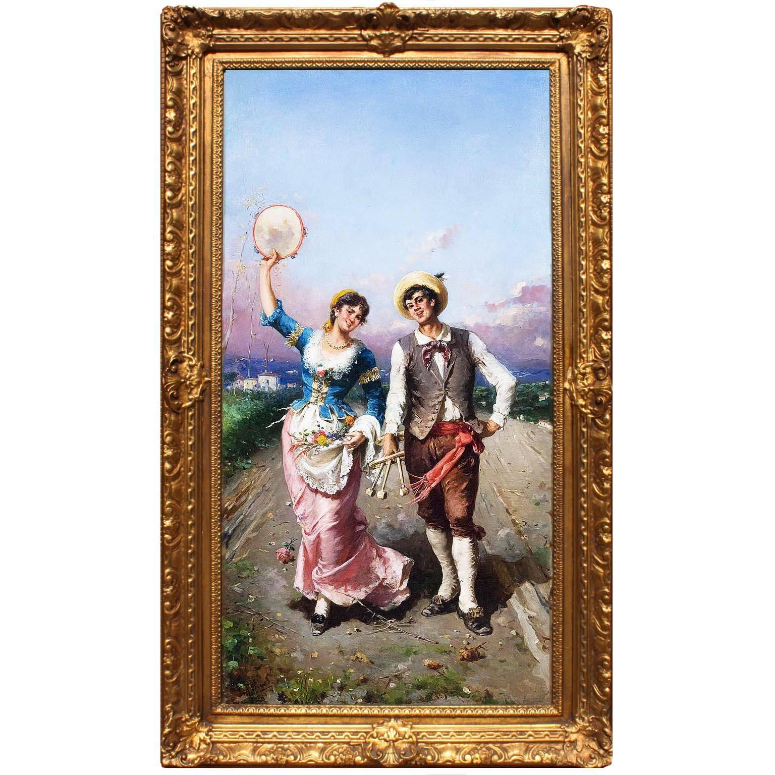 Francesco Peluso (Italian, 1836-1916) An Oil on Canvas "The Village Celebration" For Sale