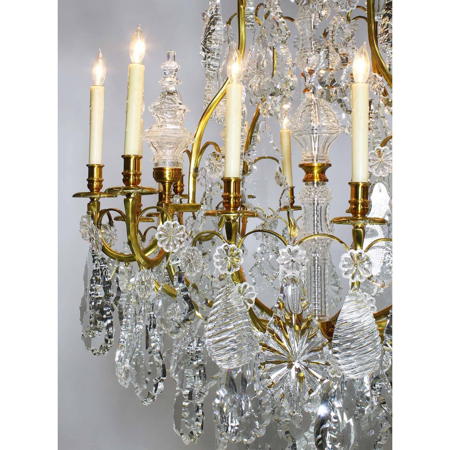 Bronze Pair of Louis XV Style 16-Light Chandeliers, Manner of Baccarat For Sale