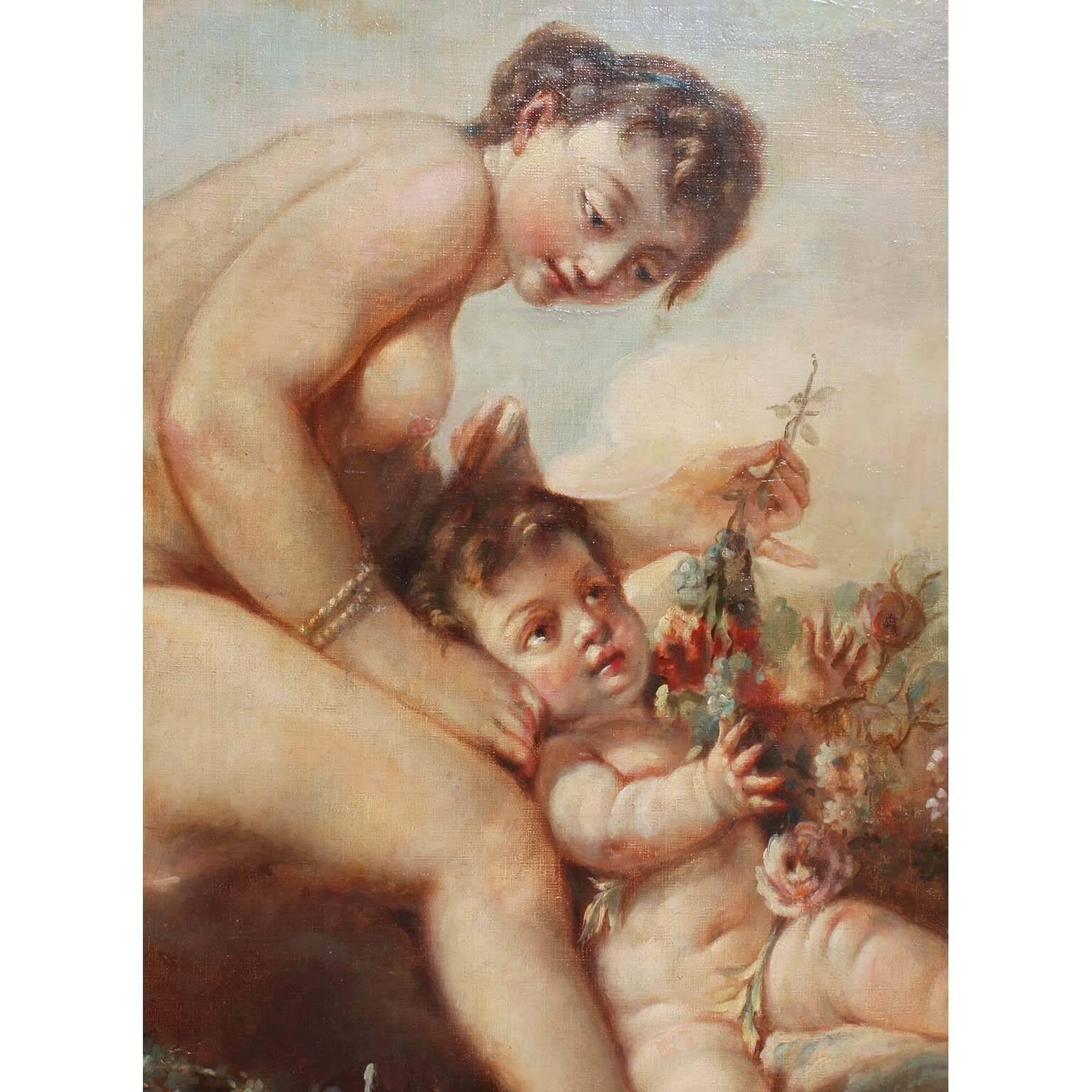 Romantique Huile sur toile française du XIXe siècle « Vénus Disarming Cupidon » d'après Franois Boucher en vente