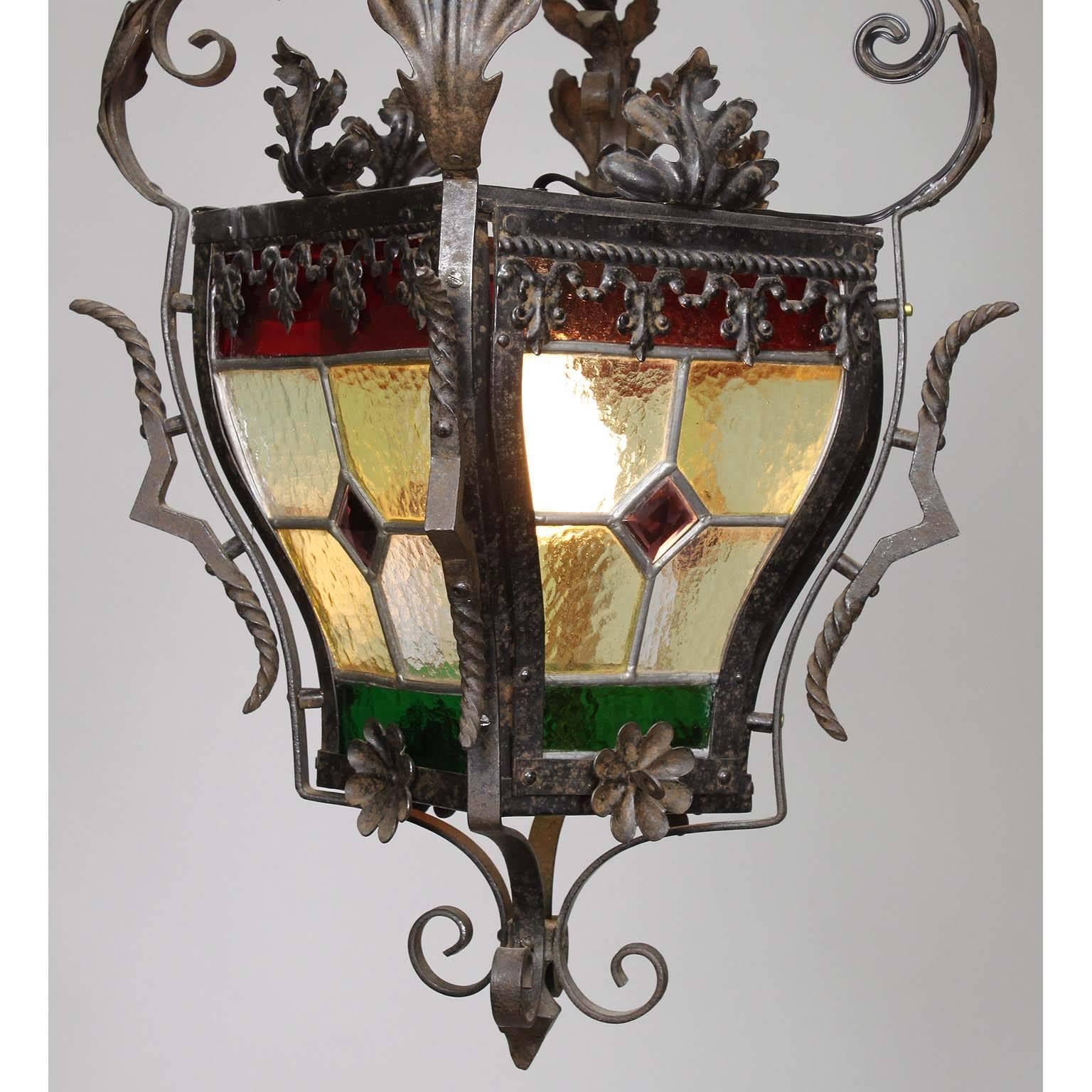 Baroque Revival French Baroque Style Wrought-Iron Stained Glass Hall Lantern, 19th-20th Century For Sale