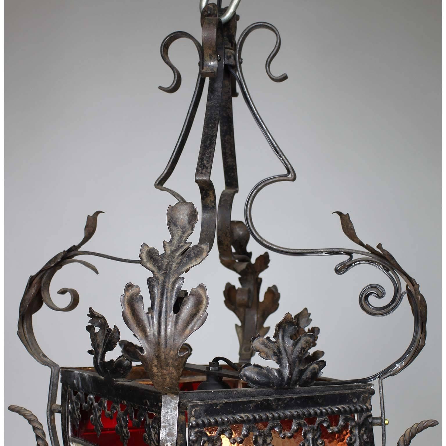 French Baroque Style Wrought-Iron Stained Glass Hall Lantern, 19th-20th Century In Good Condition For Sale In Los Angeles, CA