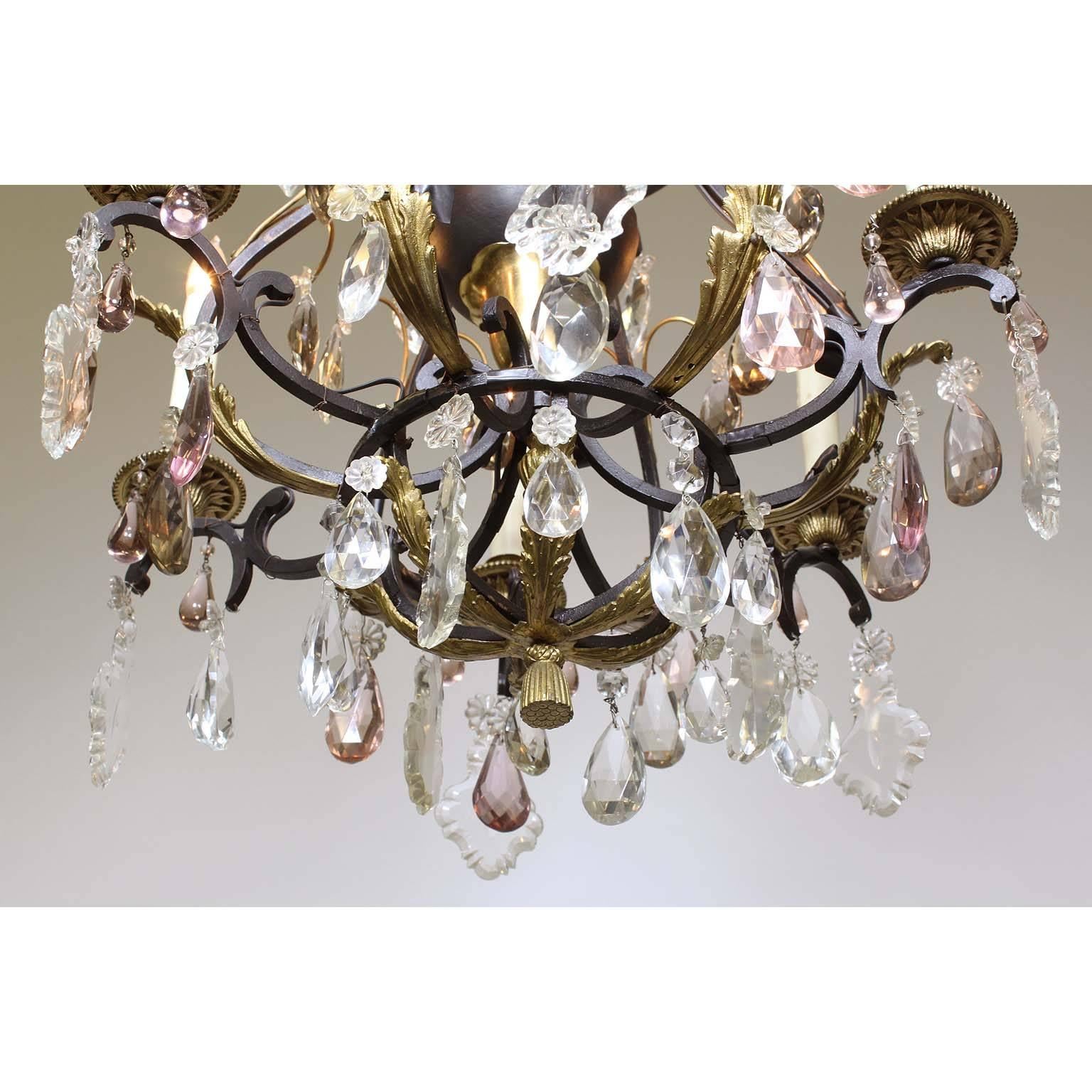 French 19th-20th Century Louis XV Style Wrought Iron & Bronze Crystal Chandelier For Sale 1