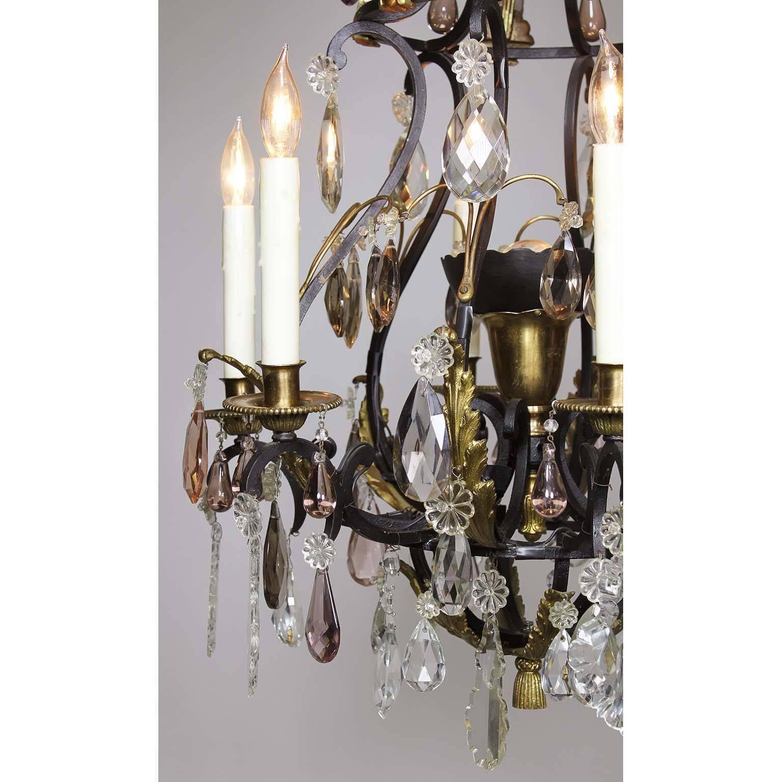 Early 20th Century French 19th-20th Century Louis XV Style Wrought Iron & Bronze Crystal Chandelier For Sale