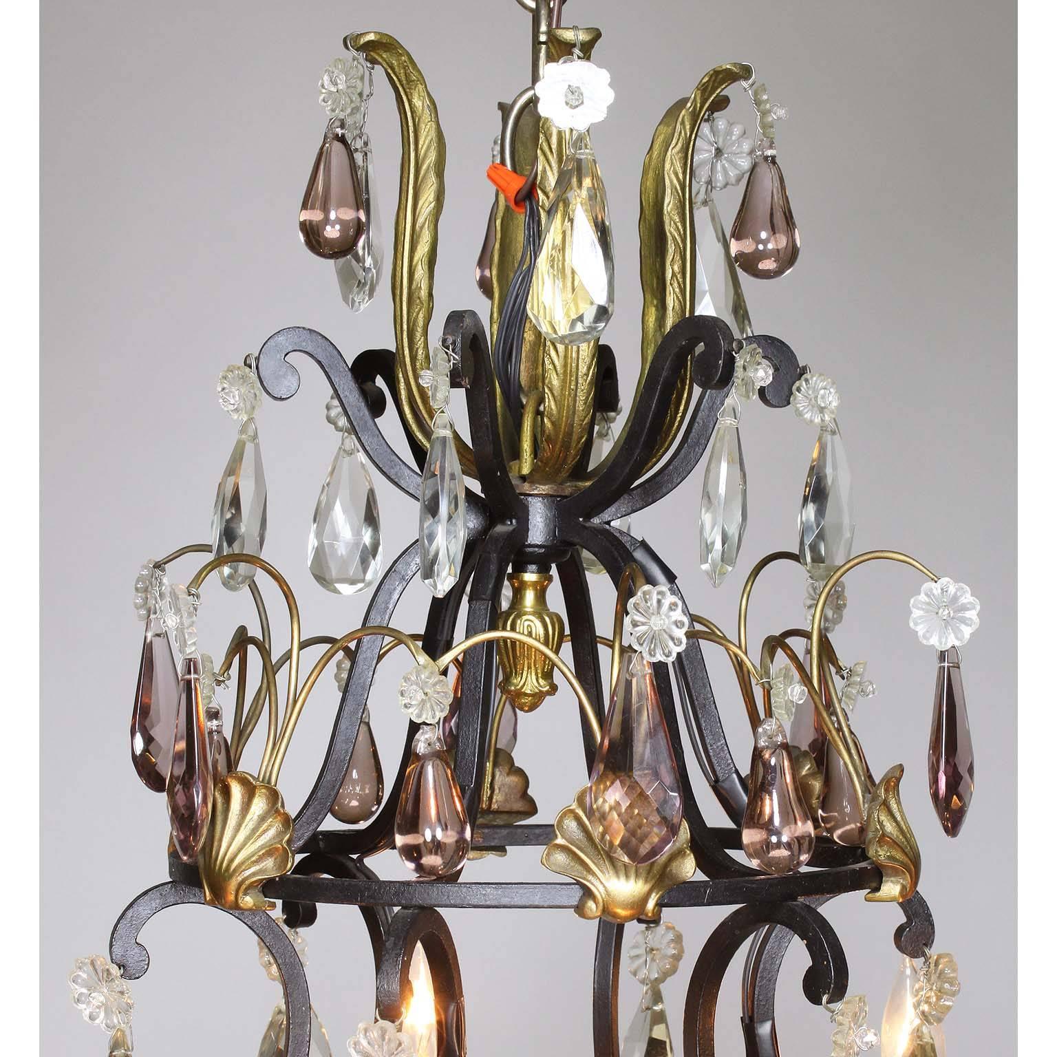 Cold-Painted French 19th-20th Century Louis XV Style Wrought Iron & Bronze Crystal Chandelier For Sale