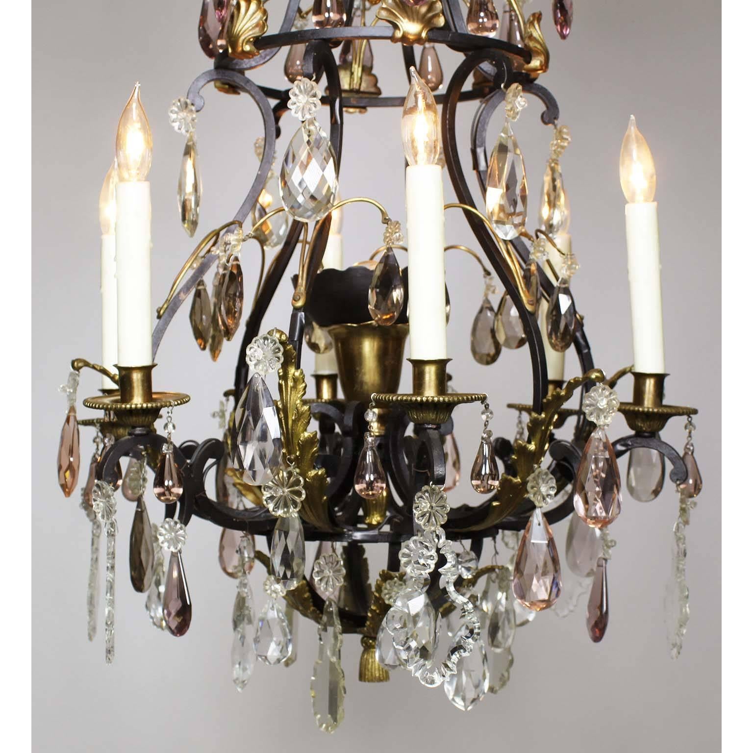 French 19th-20th Century Louis XV Style Wrought Iron & Bronze Crystal Chandelier In Good Condition For Sale In Los Angeles, CA