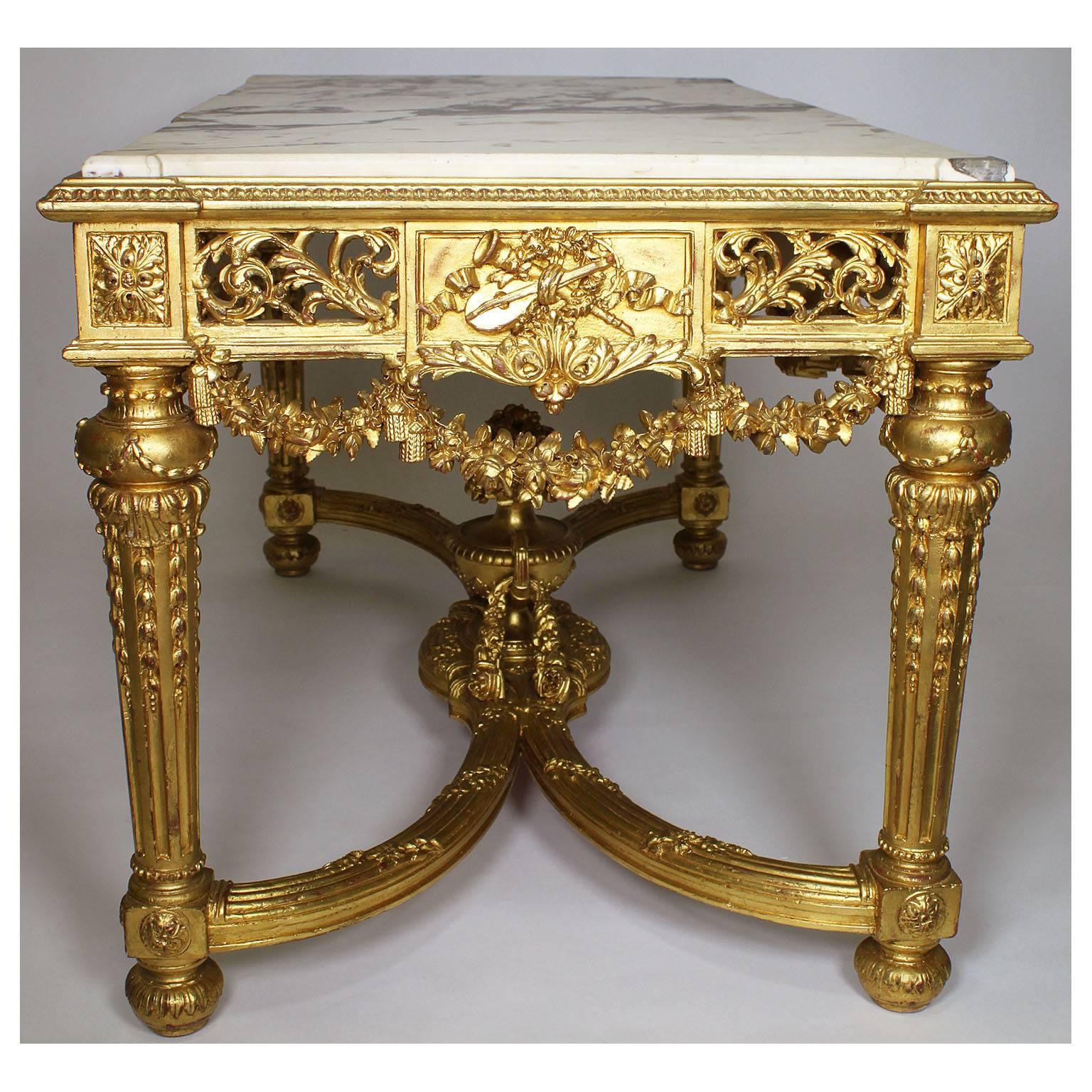 Marble Fine French 19th-20th Century Louis XVI Style Giltwood Carved Centre Hall Table For Sale