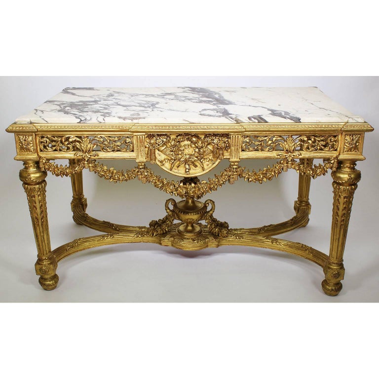 Hand-Carved Fine French 19th-20th Century Louis XVI Style Giltwood Carved Centre Hall Table For Sale