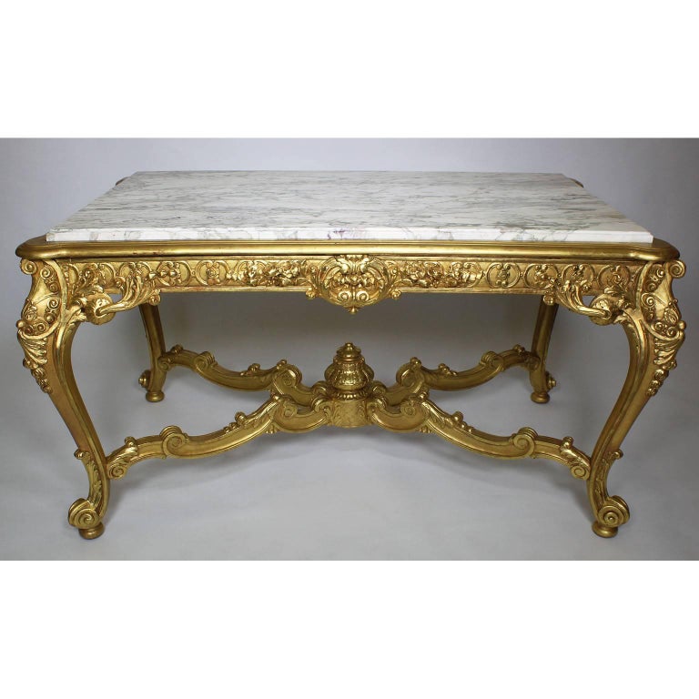 Hand-Carved Fine French 19th-20th Century Louis XV Style Giltwood Carved Center Hall Table For Sale