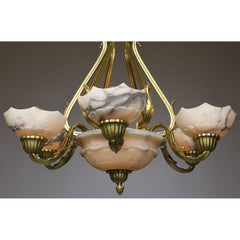 French Art Deco Gilt Bronze and Carved Alabaster Seven-Light Chandelier