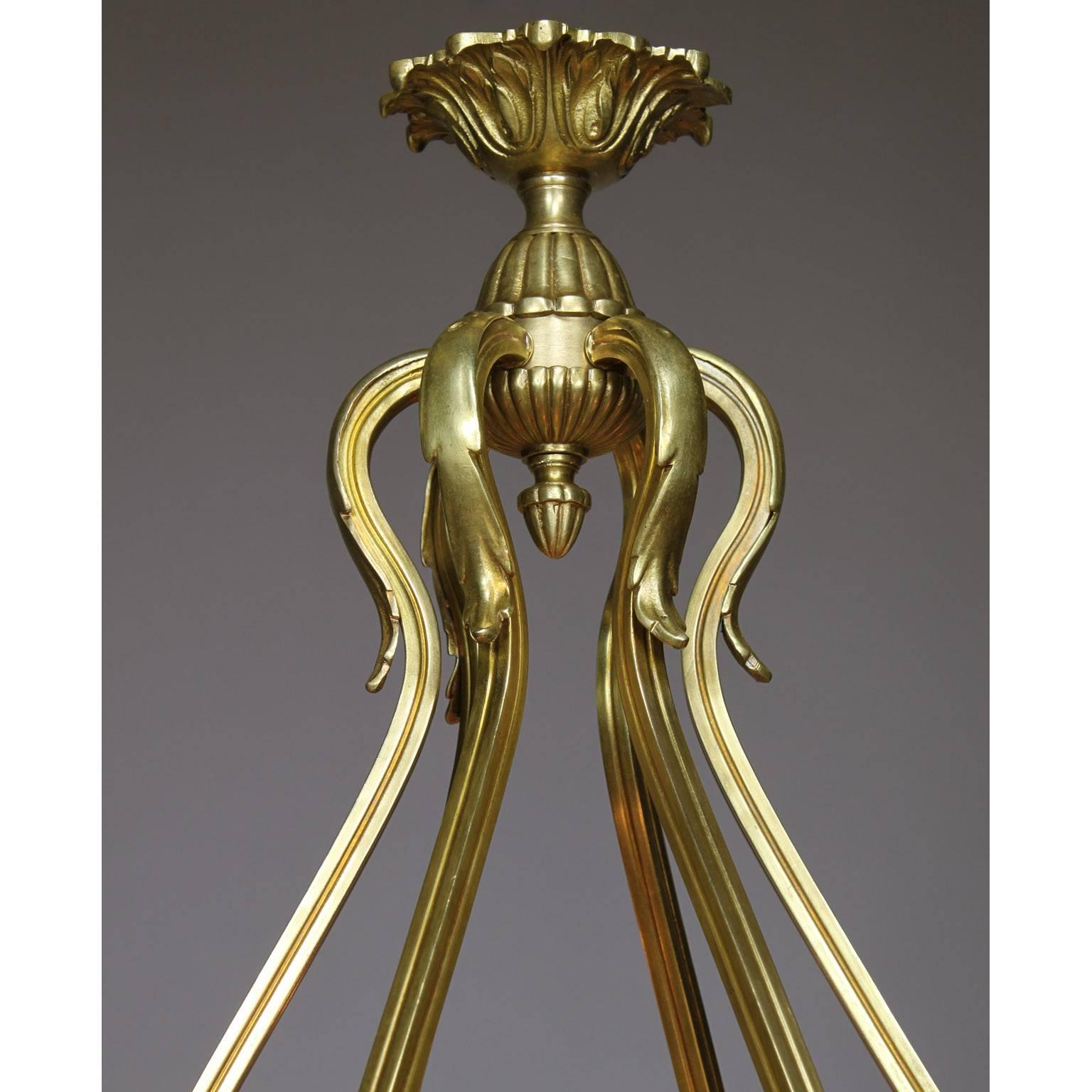 French Art Deco Gilt Bronze and Carved Alabaster Seven-Light Chandelier In Good Condition For Sale In Los Angeles, CA