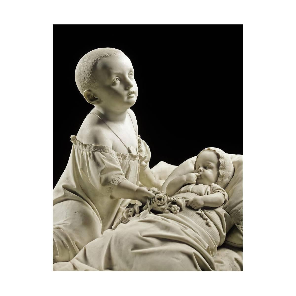 Sculpture italienne en marbre du 19ème siècle représentant des enfants sur un lit, A. Tantardini en vente 4
