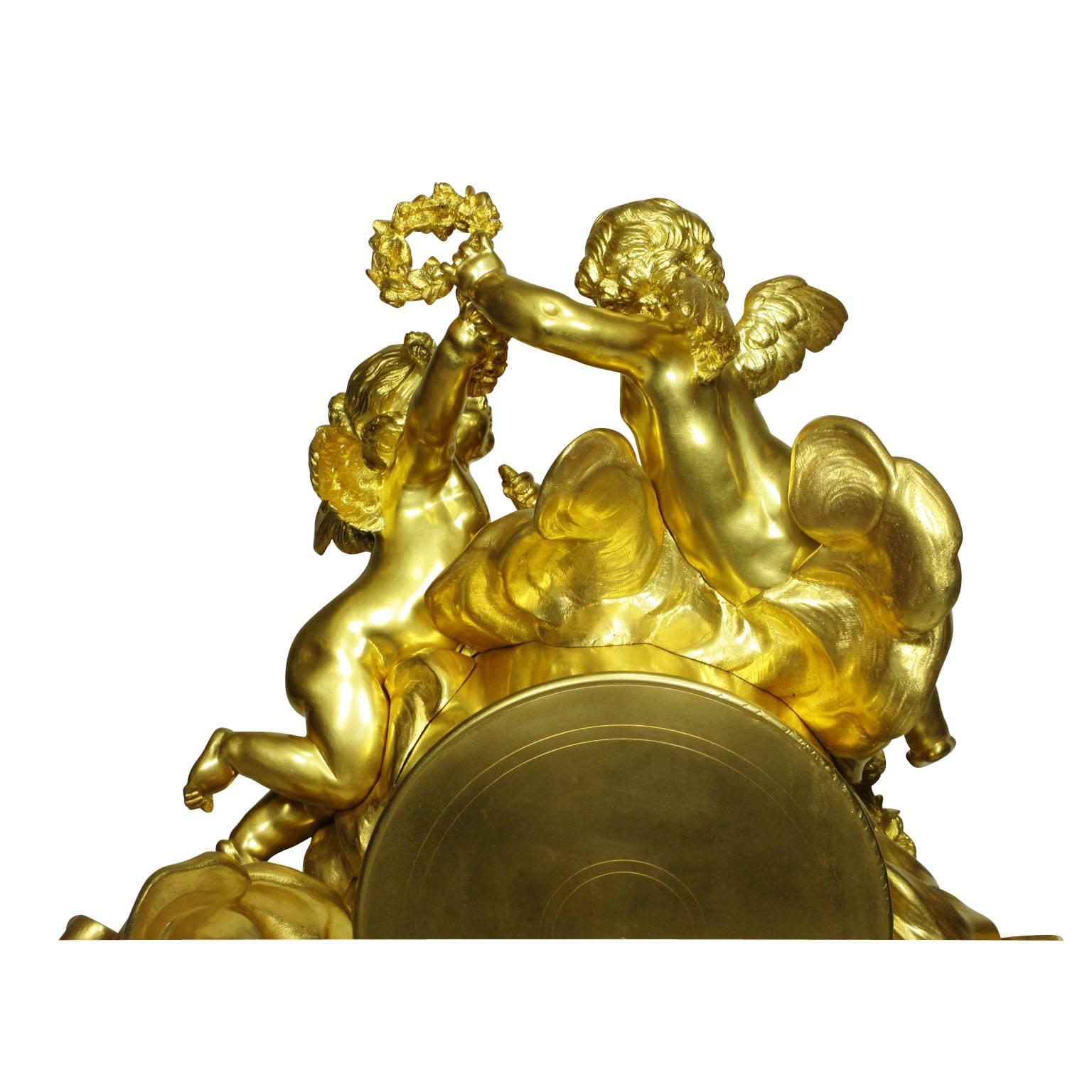 Louis XV Style 19th-20th Century Figural Gilt Bronze White Marble Mantel Clock For Sale 4