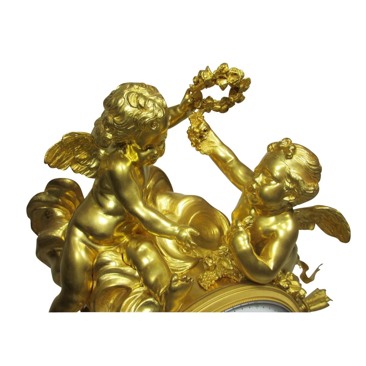 French Louis XV Style 19th-20th Century Figural Gilt Bronze White Marble Mantel Clock For Sale