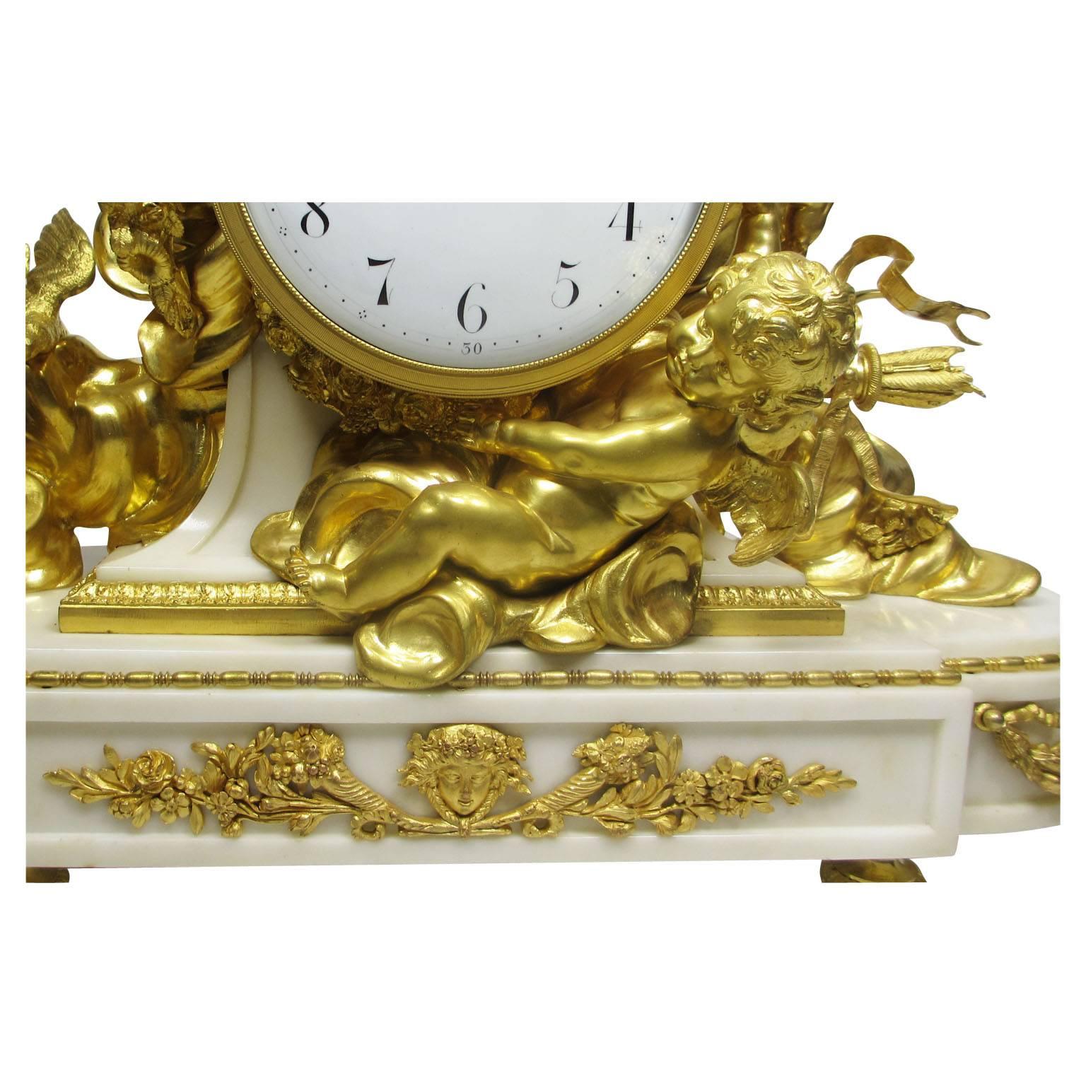 Carved Louis XV Style 19th-20th Century Figural Gilt Bronze White Marble Mantel Clock For Sale