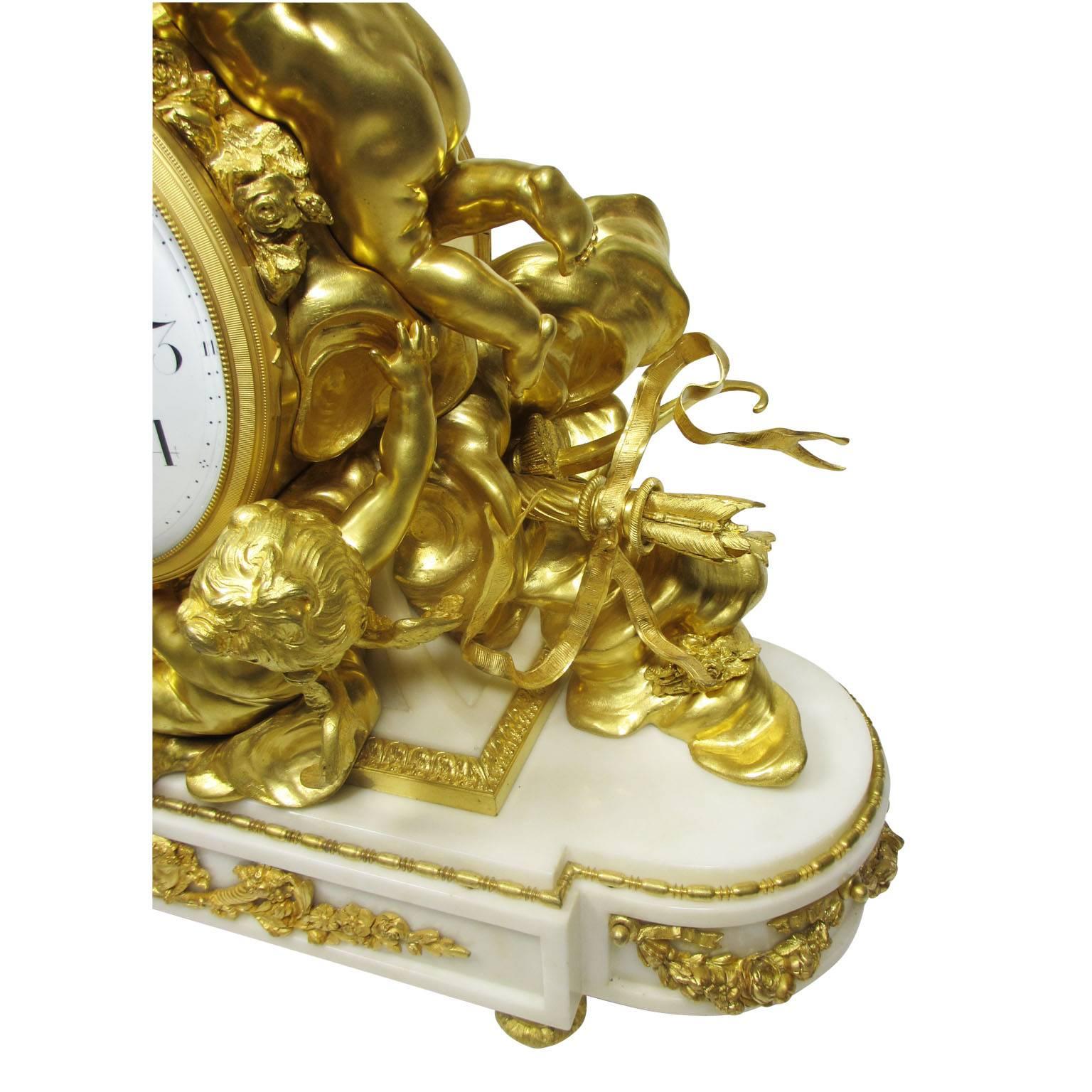 Louis XV Style 19th-20th Century Figural Gilt Bronze White Marble Mantel Clock In Good Condition For Sale In Los Angeles, CA