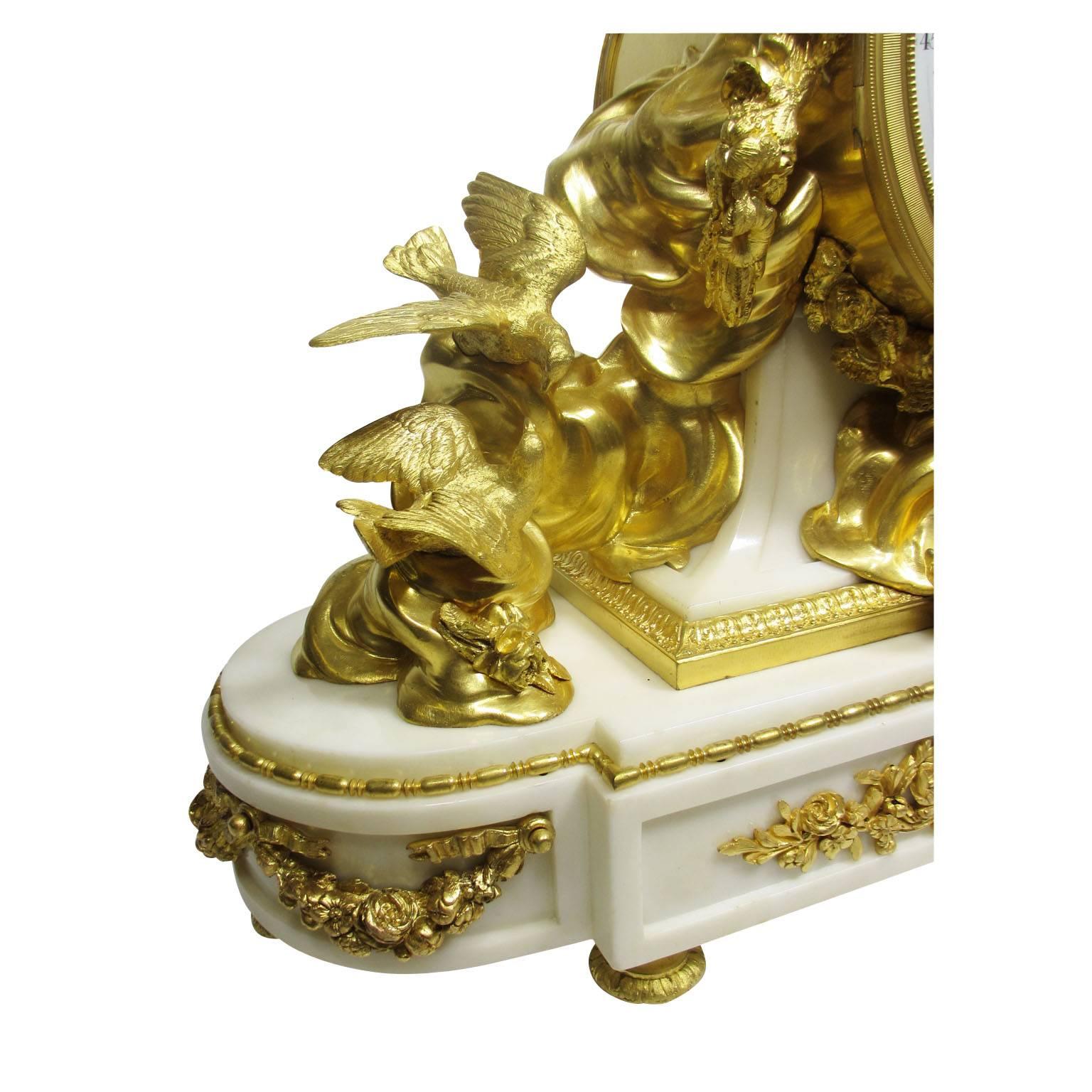Late 19th Century Louis XV Style 19th-20th Century Figural Gilt Bronze White Marble Mantel Clock For Sale