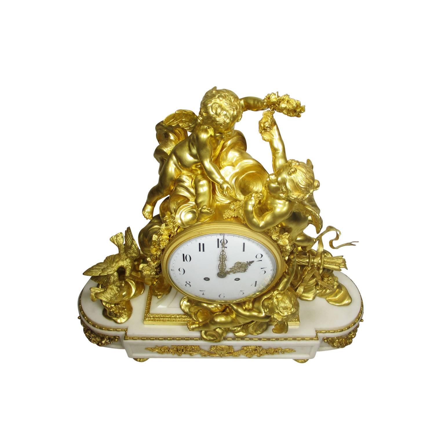 Louis XV Style 19th-20th Century Figural Gilt Bronze White Marble Mantel Clock For Sale 1