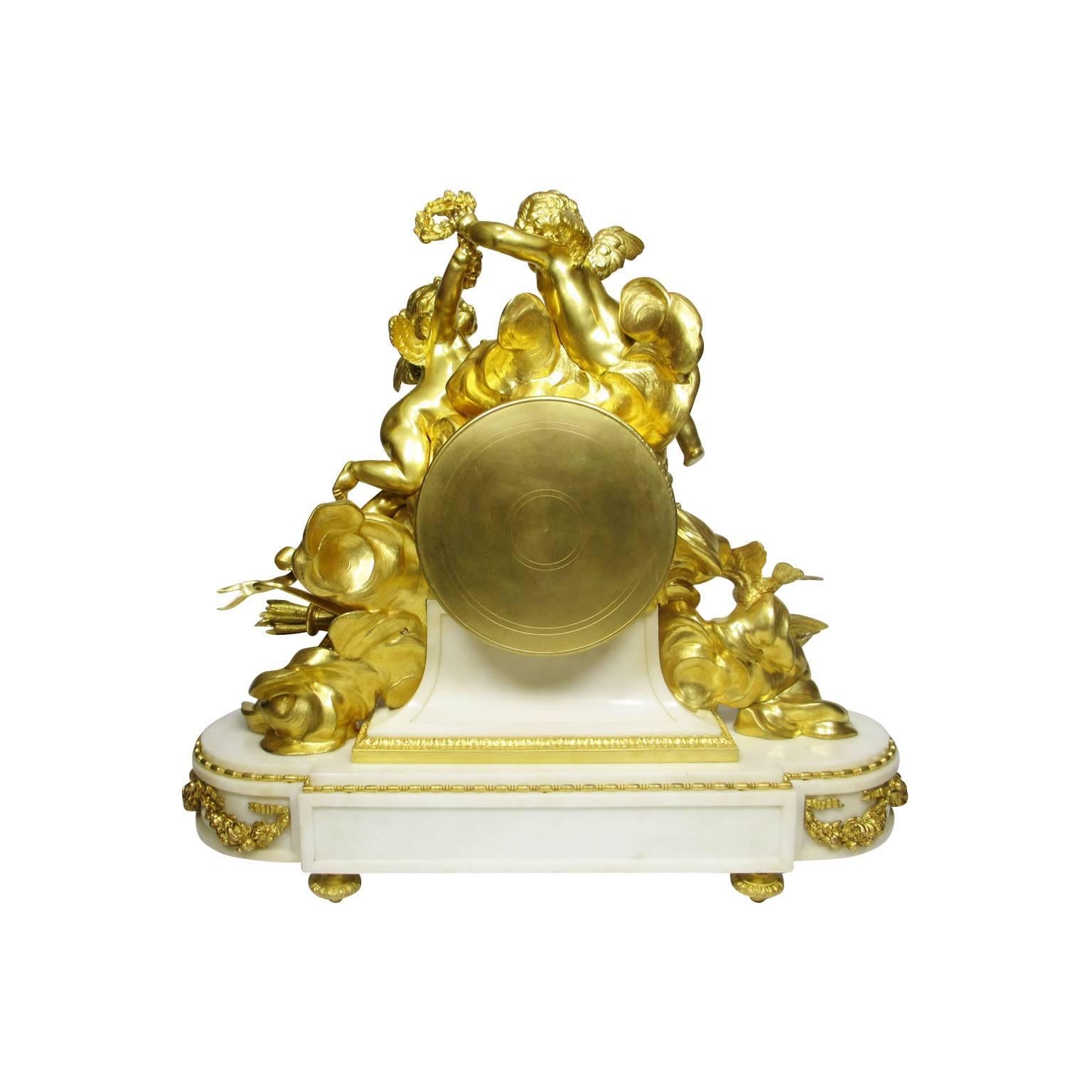 Louis XV Style 19th-20th Century Figural Gilt Bronze White Marble Mantel Clock For Sale 2