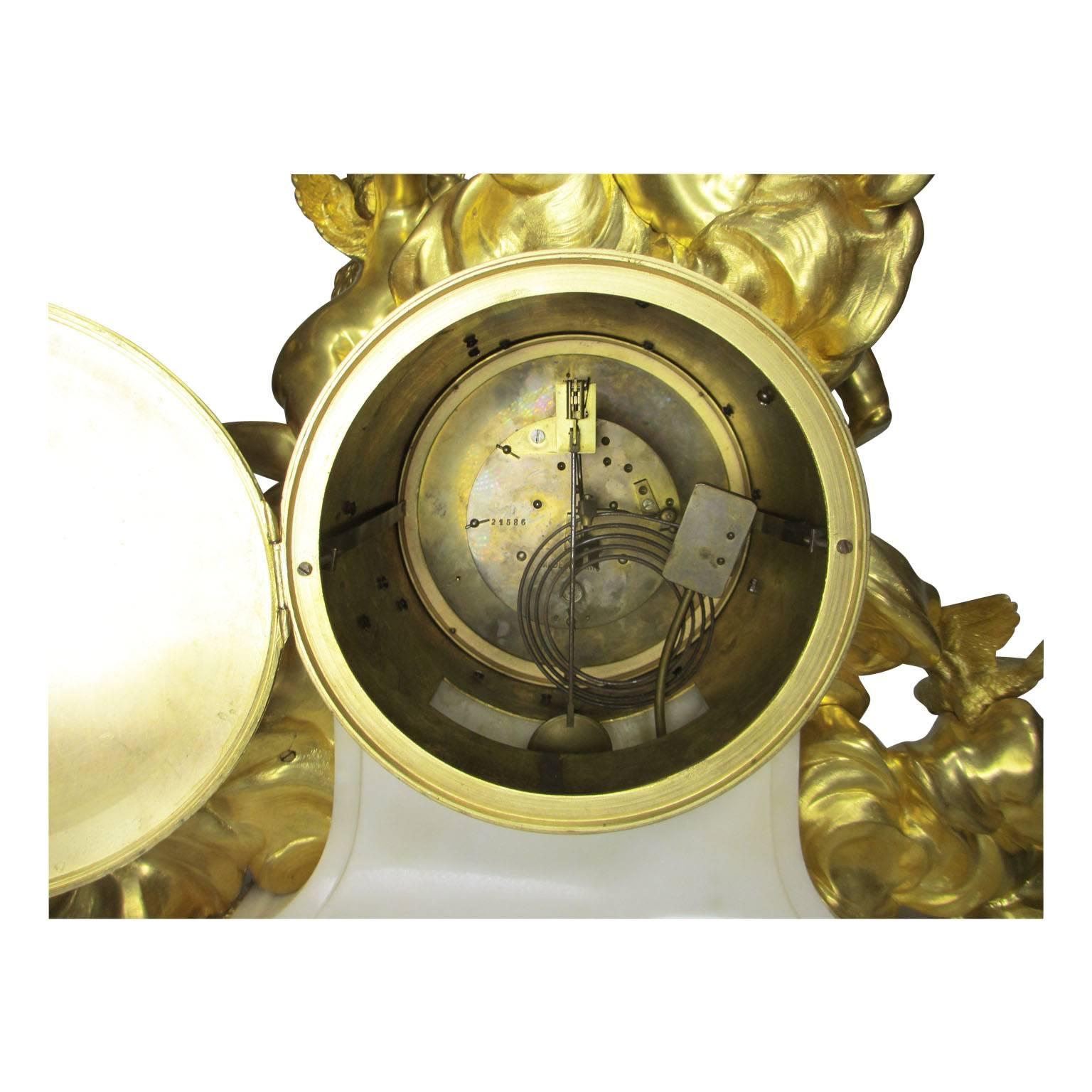 Louis XV Style 19th-20th Century Figural Gilt Bronze White Marble Mantel Clock For Sale 3