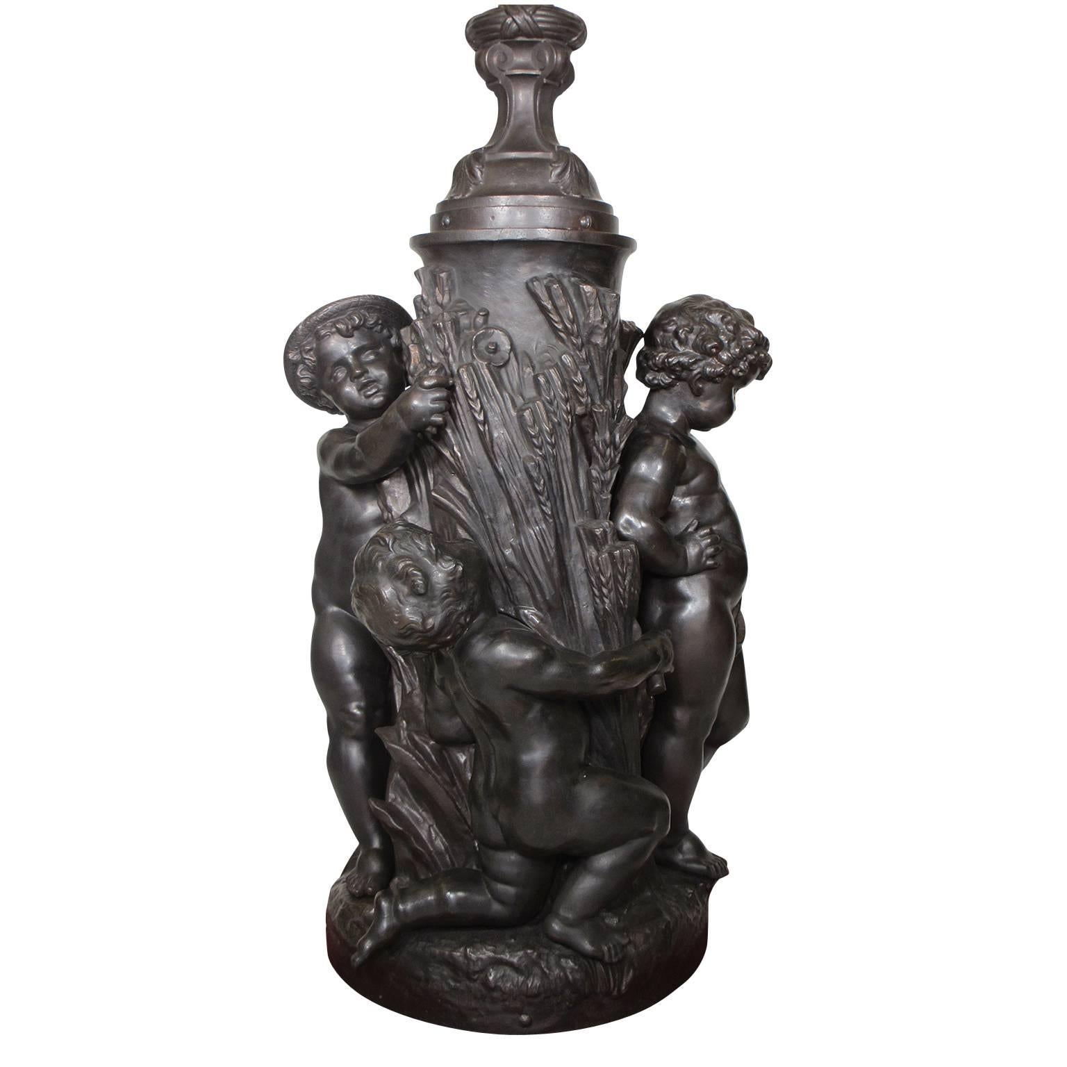 Palatial French 19th-20th Century Allegorical Figural Cast Iron Group Torchere In Excellent Condition For Sale In Los Angeles, CA