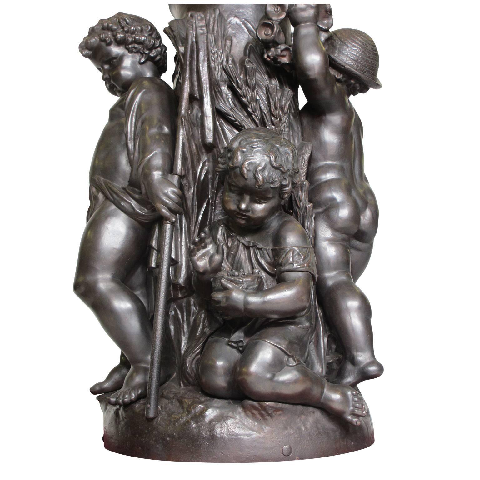 Blown Glass Palatial French 19th-20th Century Allegorical Figural Cast Iron Group Torchere For Sale