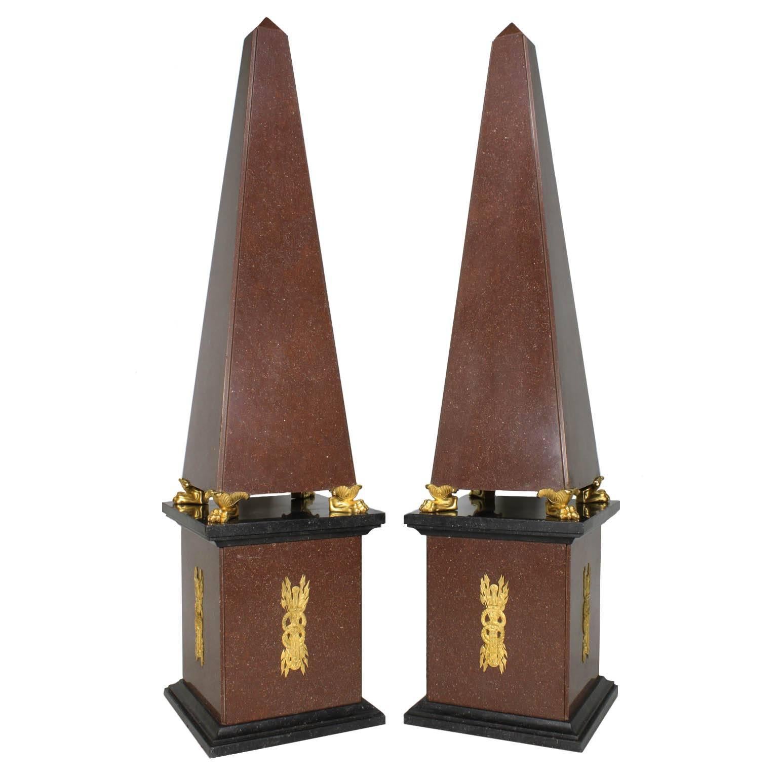 Pair French Empire 19th-20th Century Red Porphyry-Like Granite & Ormolu Obelisks For Sale