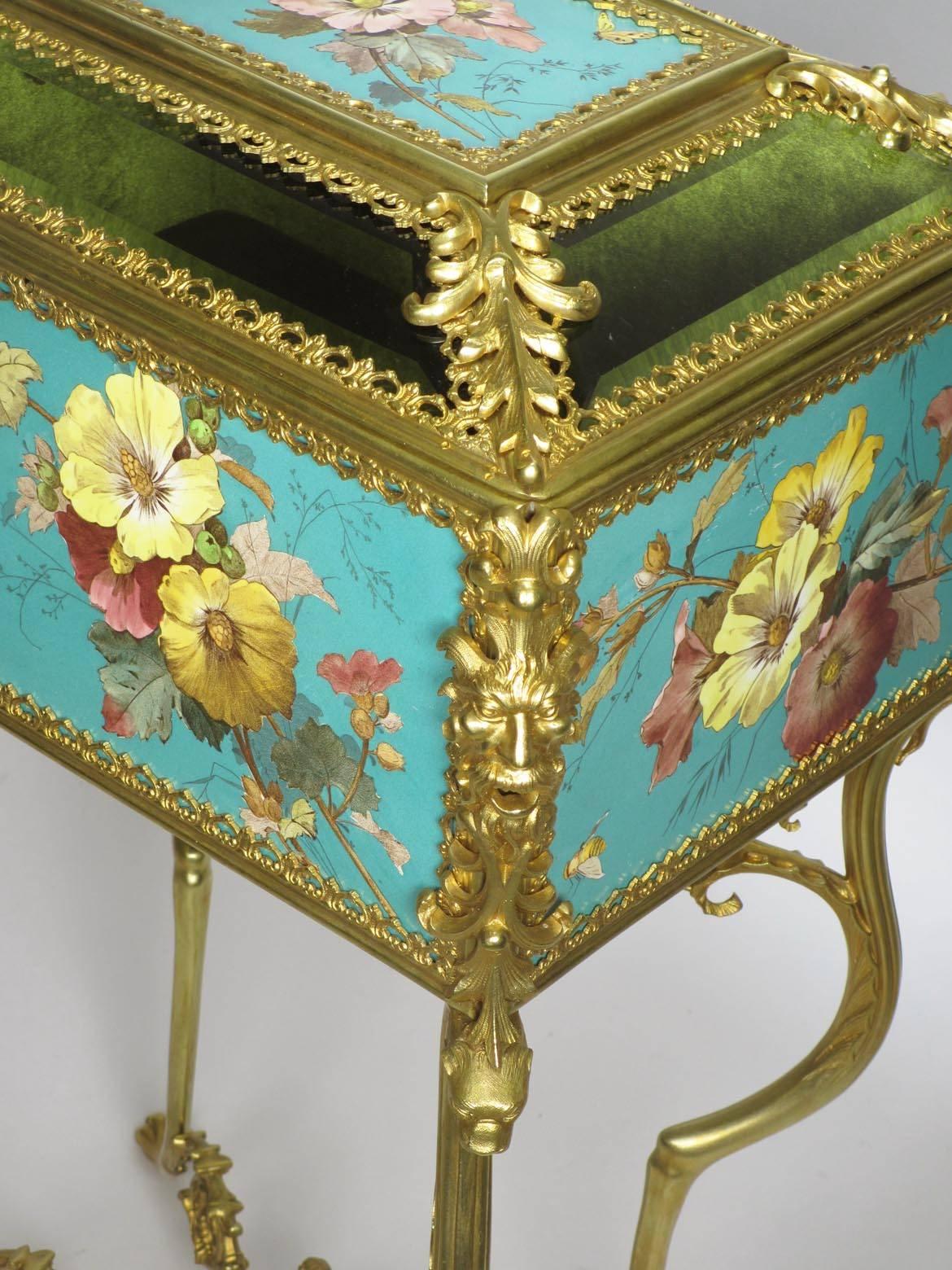 A Very Fine and Rare English Early 20th Century Aesthetic Movement Hand Painted Majolica and Gilt-Metal Figural Jewelry Box on Stand, probably by Minton, decorated with exotic pink, white and yellow azaleas and other flowers, butterflies and