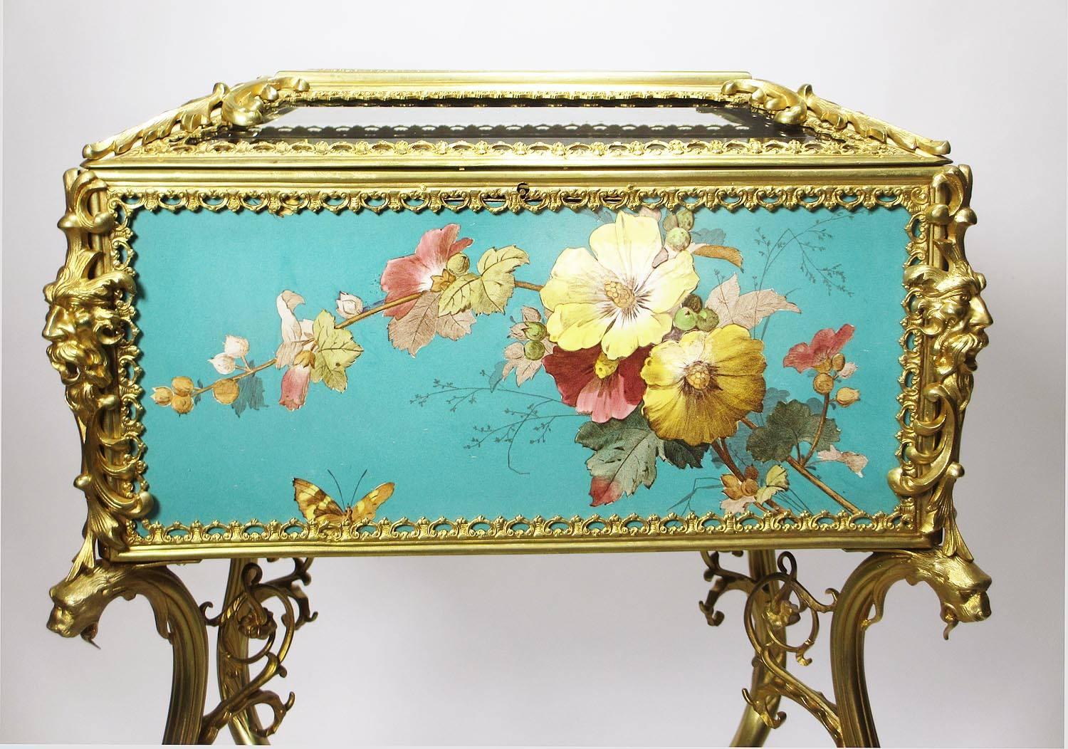 English Superb Early 20th Century Aesthetic Movement Majolica & Gilt-Metal Jewelry Box