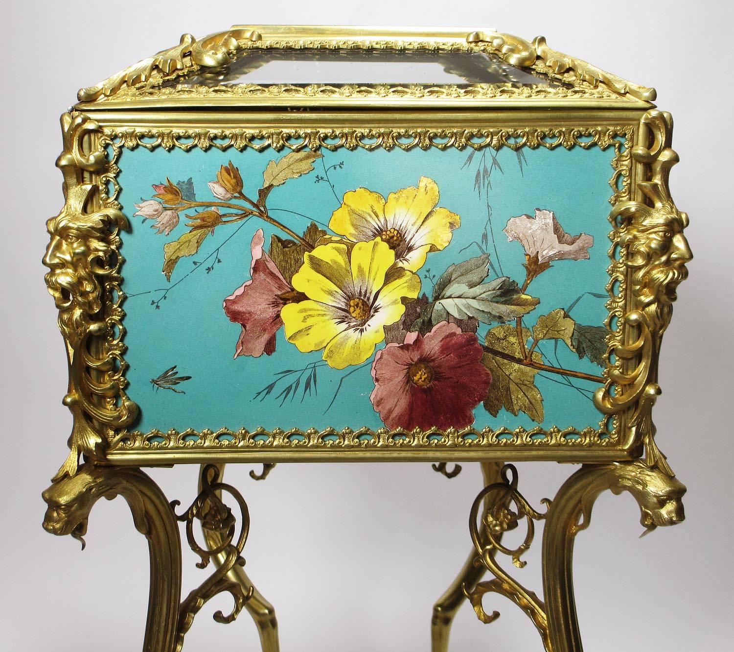 Beveled Superb Early 20th Century Aesthetic Movement Majolica & Gilt-Metal Jewelry Box