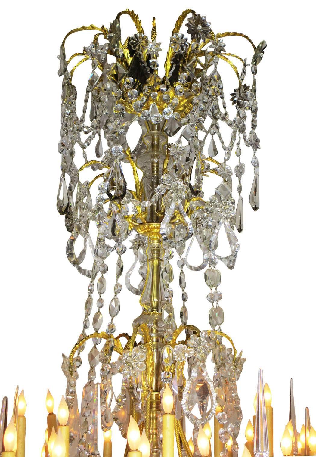 The Spelling Manor Grand Foyer Chandelier - A Very Fine and Palatial French 19th Century Louis XV Style Figural Gilt-Bronze and Baccarat Crystal Forty-Eight Light Chandelier. The large finely chased gilt-bronze frame with scrolls, flower and foliage