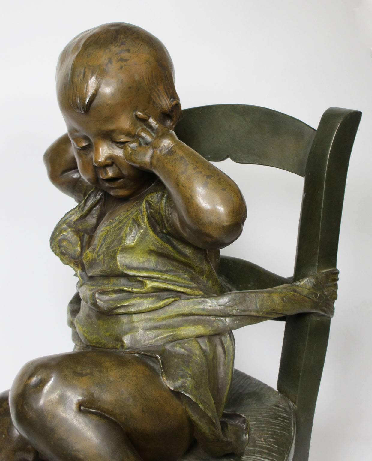 Belle Époque French 19th Century Patinated Bronze Sculpture an Infant Girl Seated in a Chair