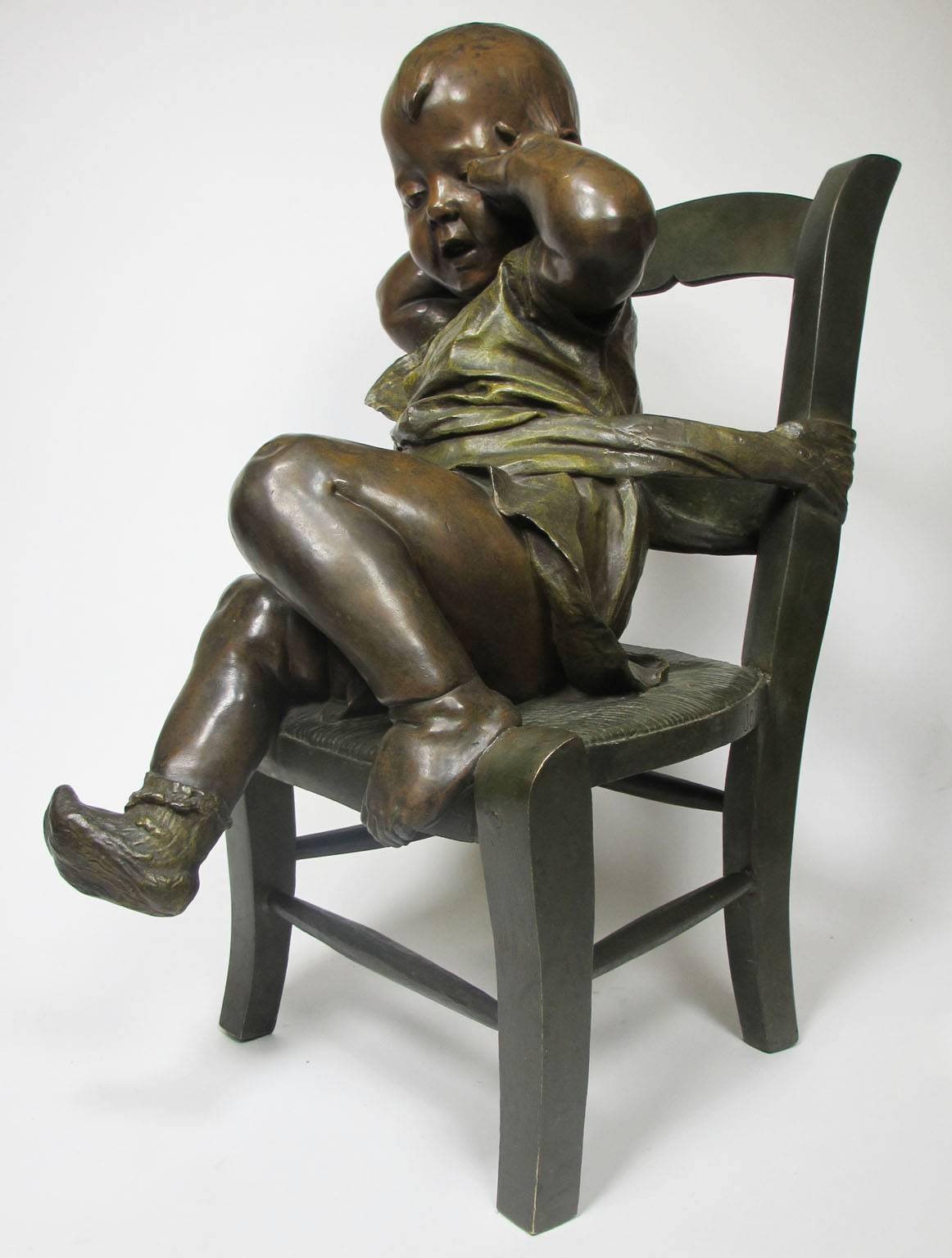 French 19th Century Patinated Bronze Sculpture an Infant Girl Seated in a Chair In Good Condition In Los Angeles, CA