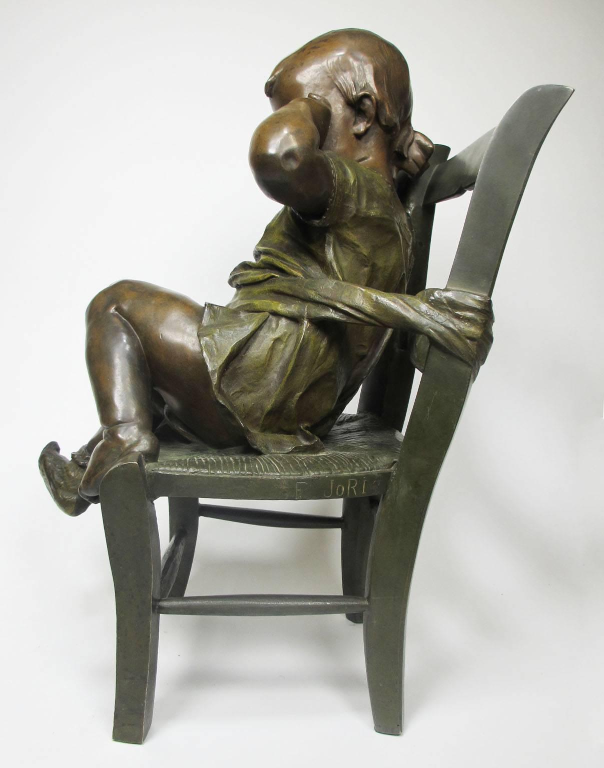 Early 20th Century French 19th Century Patinated Bronze Sculpture an Infant Girl Seated in a Chair