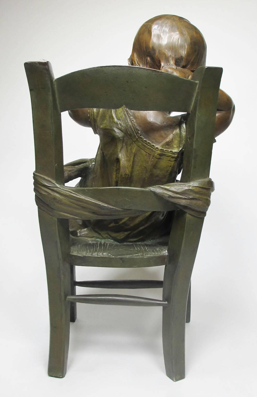 French 19th Century Patinated Bronze Sculpture an Infant Girl Seated in a Chair 1