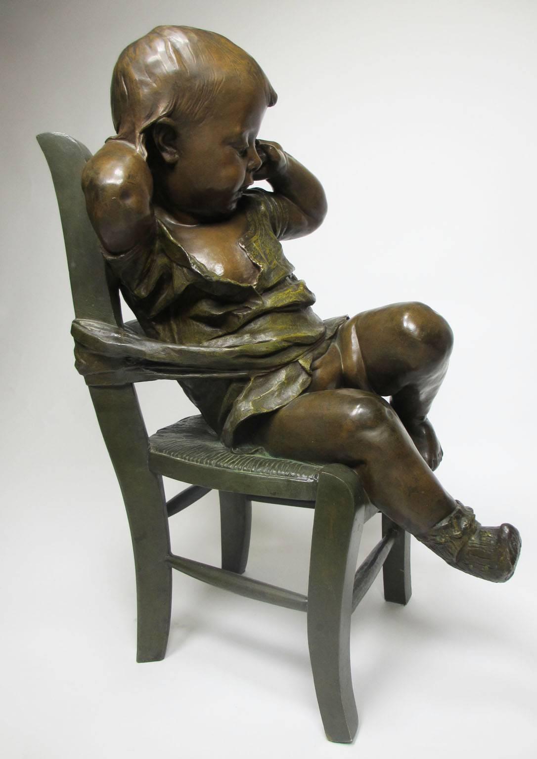 French 19th Century Patinated Bronze Sculpture an Infant Girl Seated in a Chair 2
