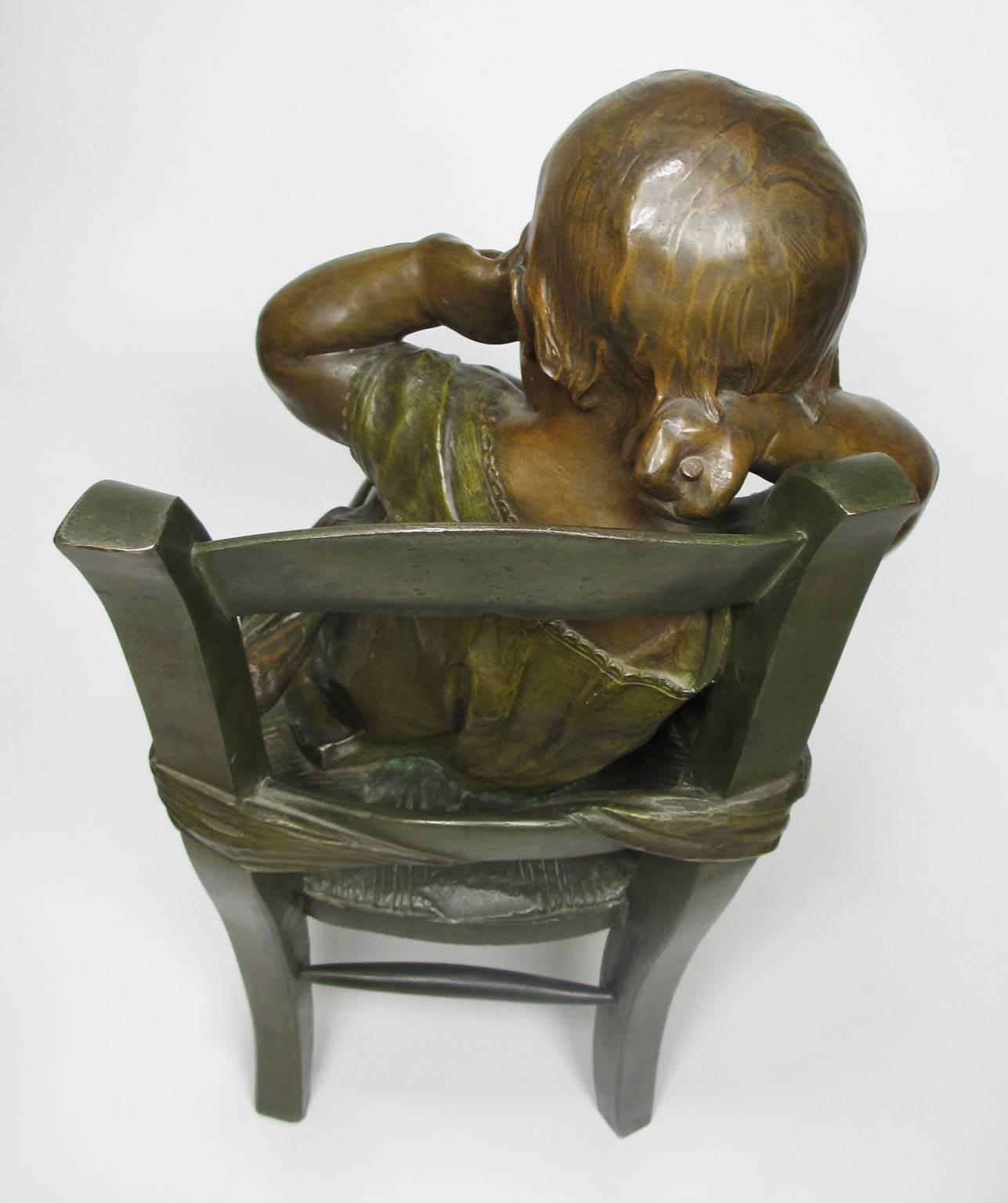French 19th Century Patinated Bronze Sculpture an Infant Girl Seated in a Chair 3